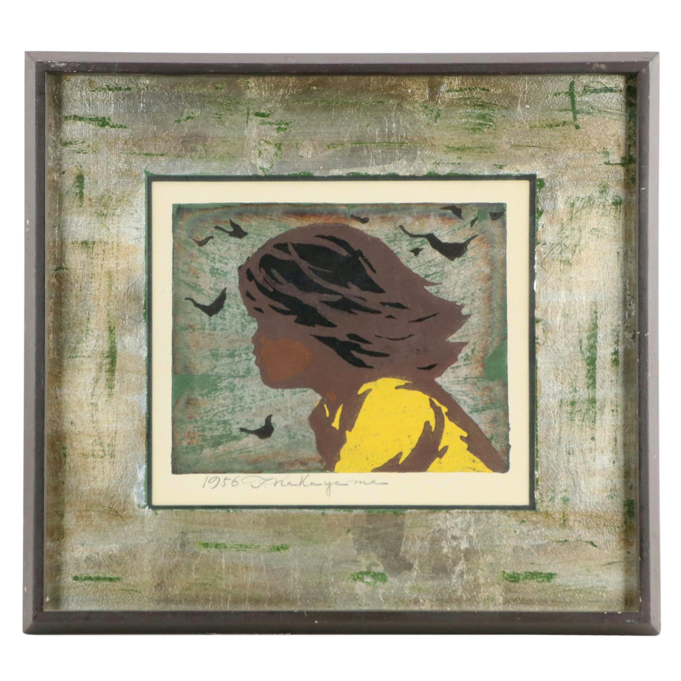 Tadashi Nakayama Japanese Woodblock Print "Girl in the Wind," 1956