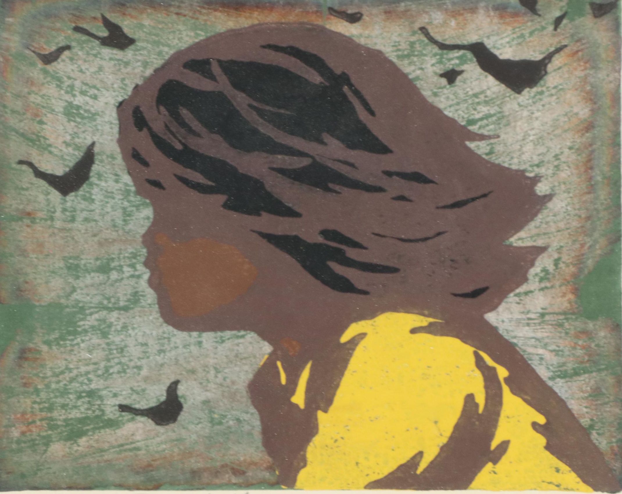 Tadashi Nakayama Japanese Woodblock Print "Girl in the Wind," 1956