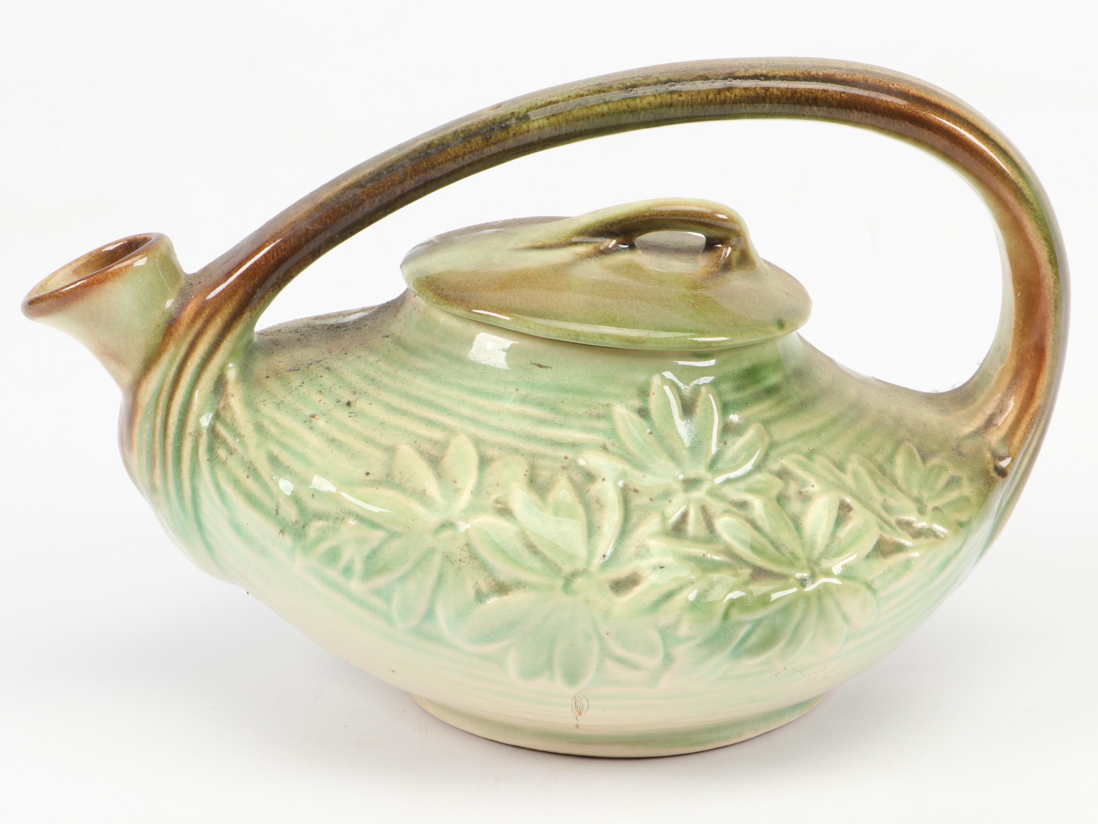 McCoy Pottery Art Deco Style Green and Brown Daisy Pattern Tea Set