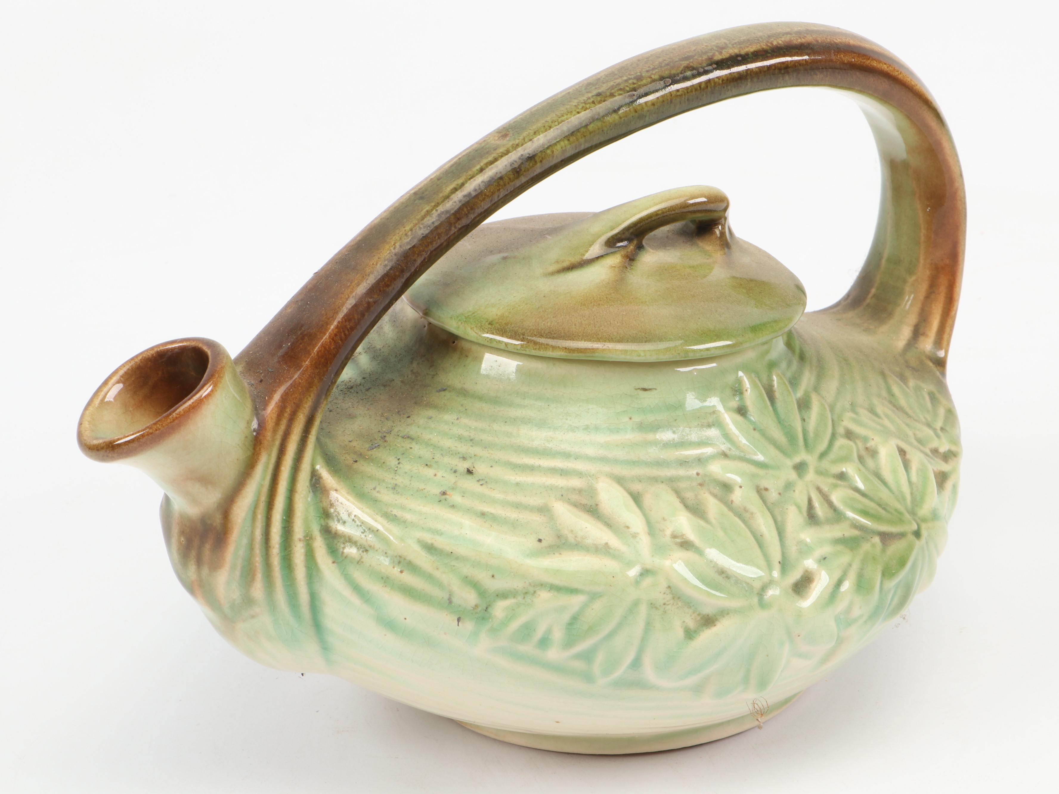 McCoy Pottery Art Deco Style Green and Brown Daisy Pattern Tea Set