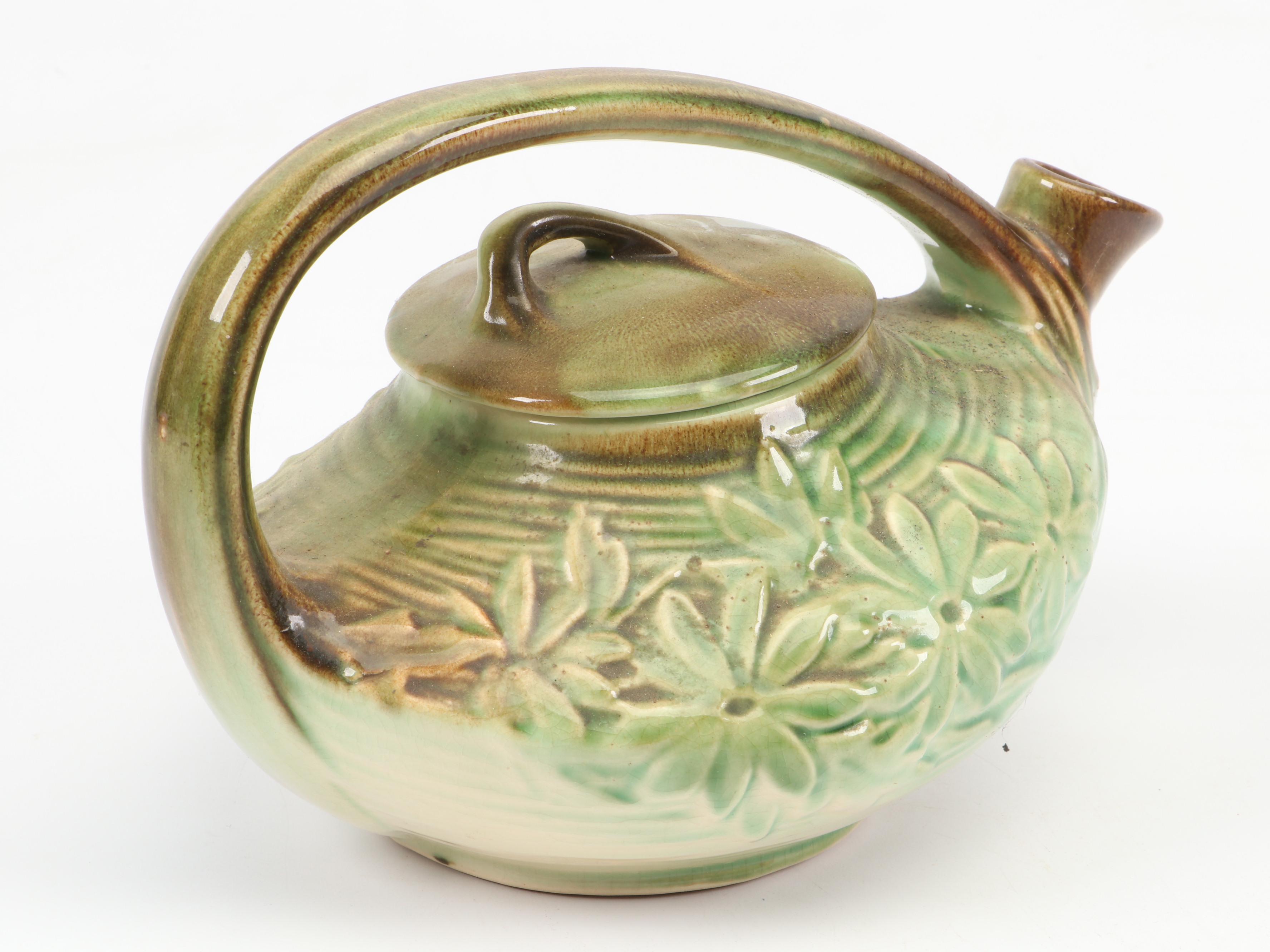 McCoy Pottery Art Deco Style Green and Brown Daisy Pattern Tea Set