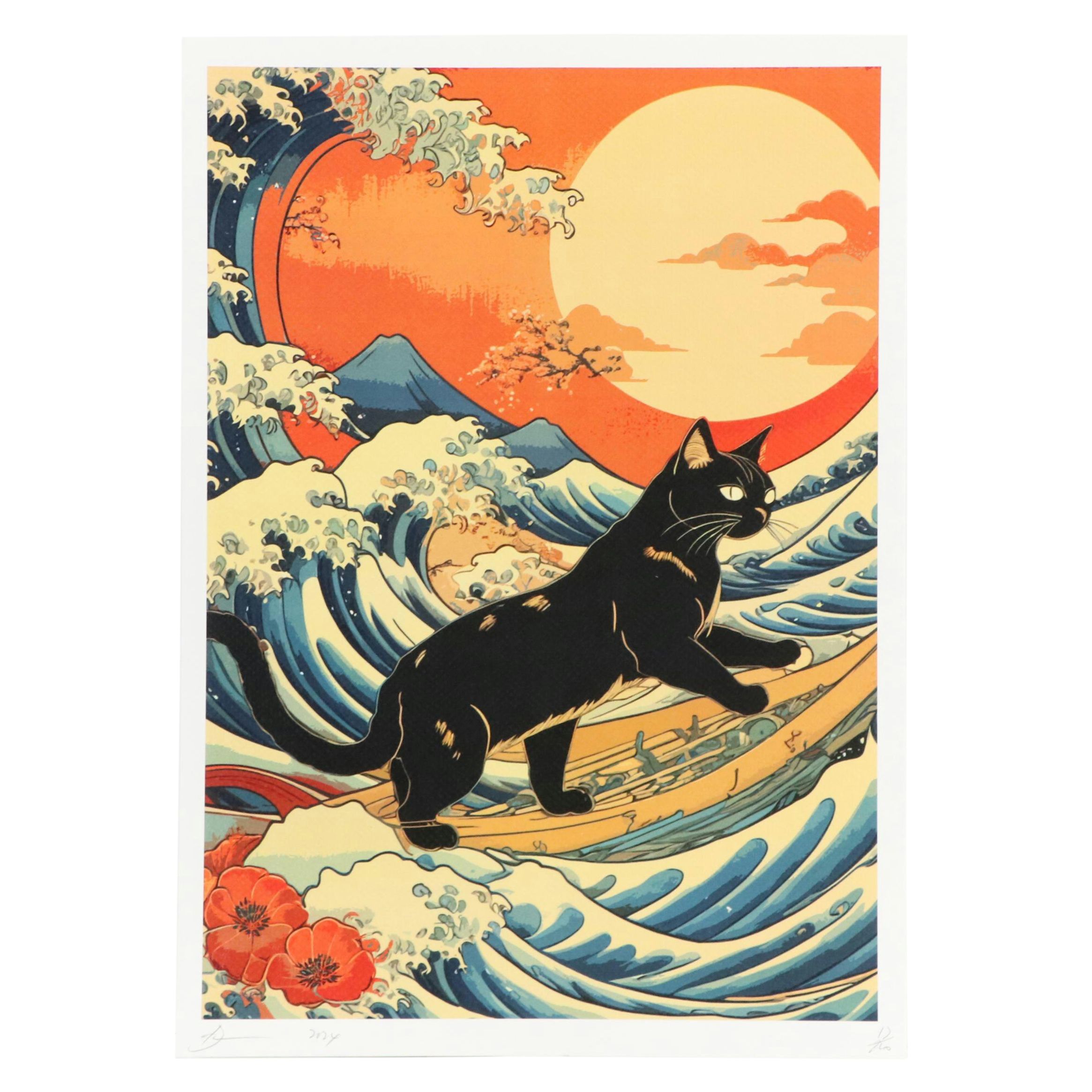 Death NYC Pop Art Graphic Print With The Great Wave Off Kanagawa x Cat, 2024