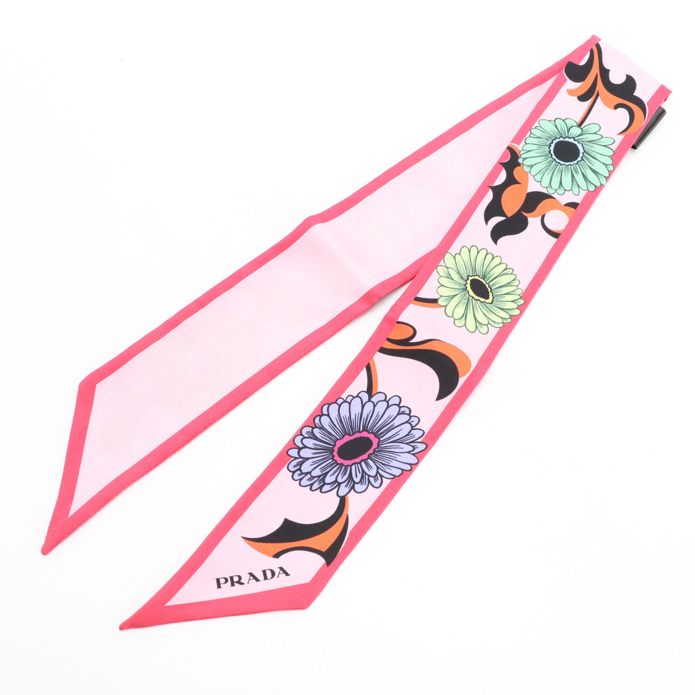 Prada "Daisies" Skinny Scarf in Silk Twill with Box