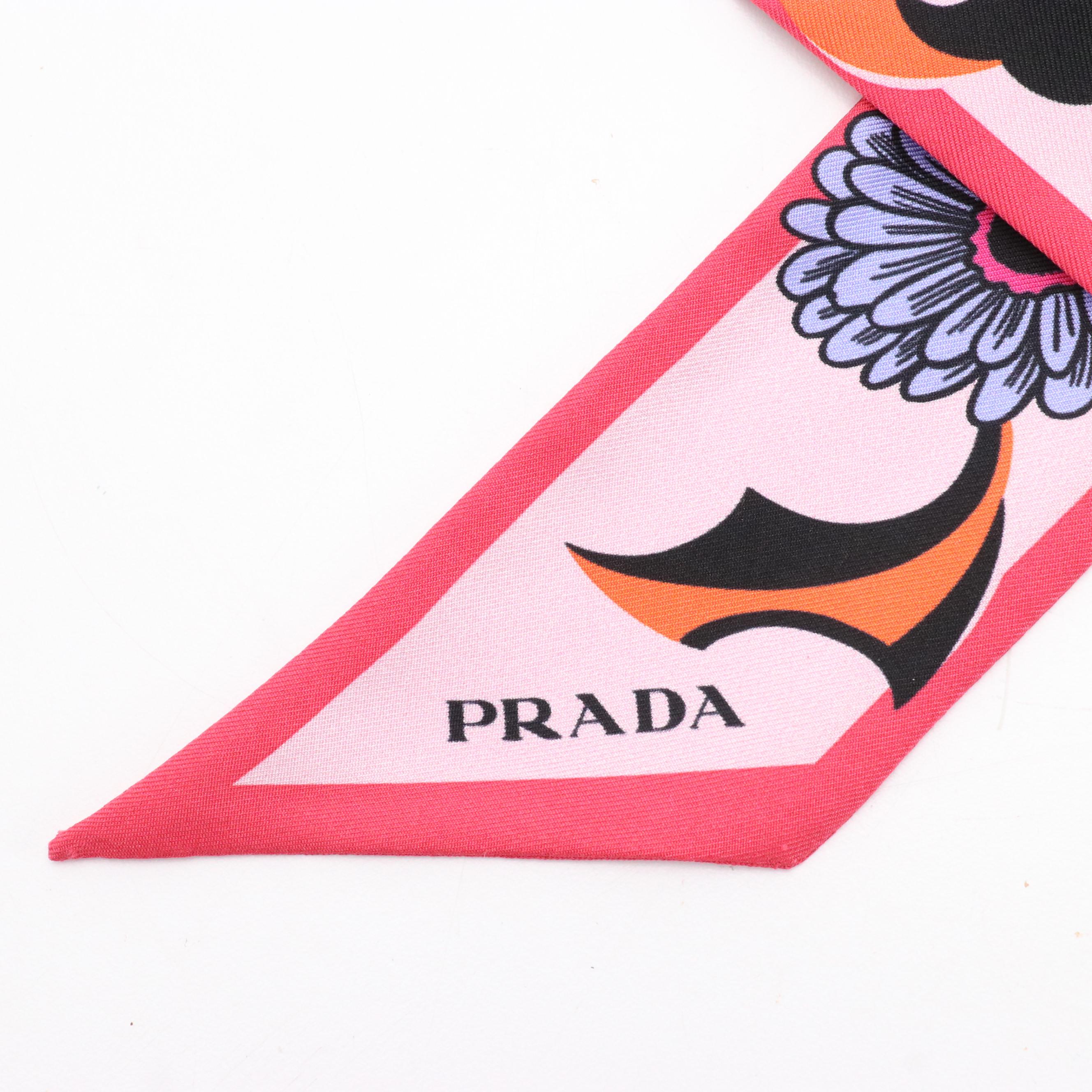 Prada "Daisies" Skinny Scarf in Silk Twill with Box