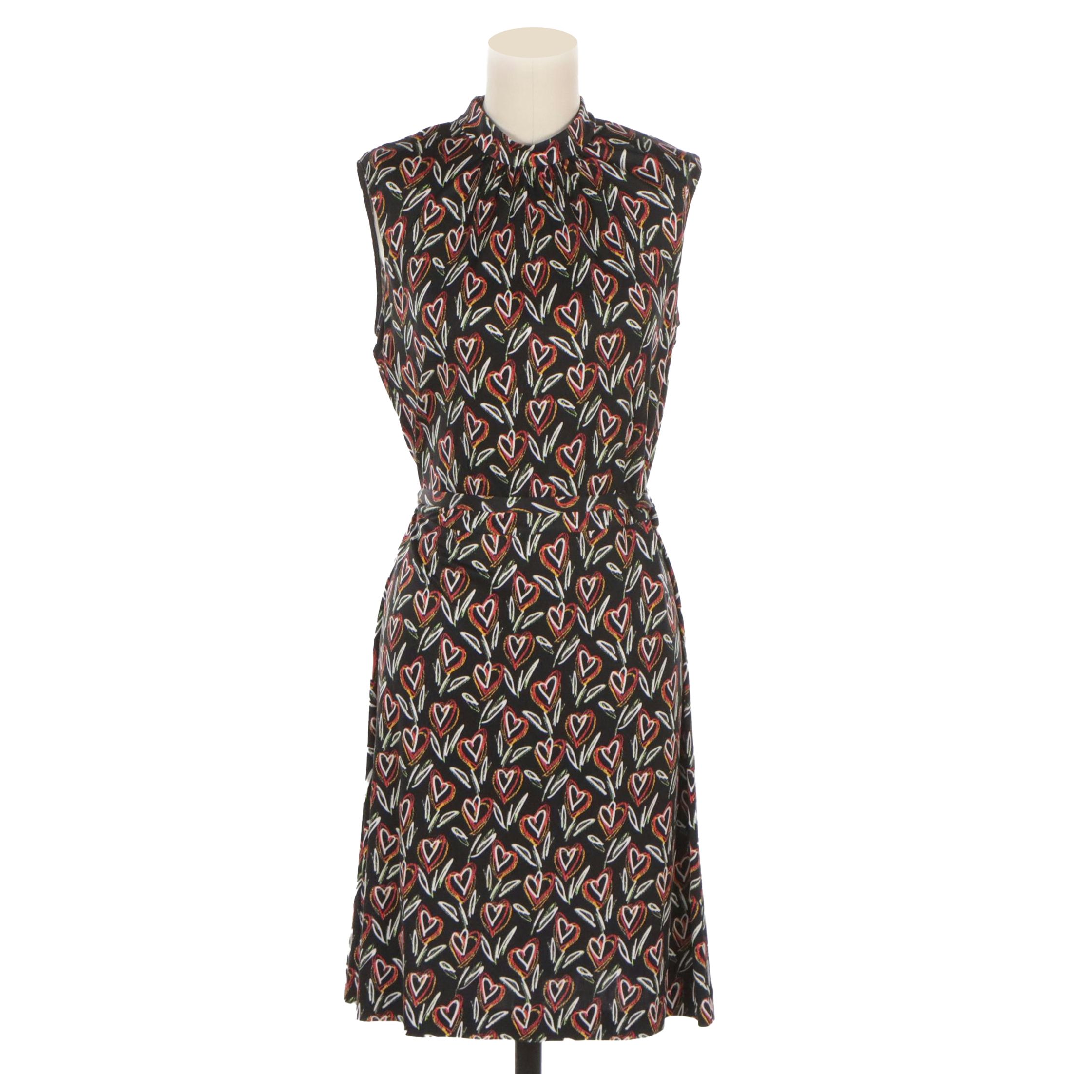 Prada Tulip Heart Print Silk Sleeveless Knee-Length Dress