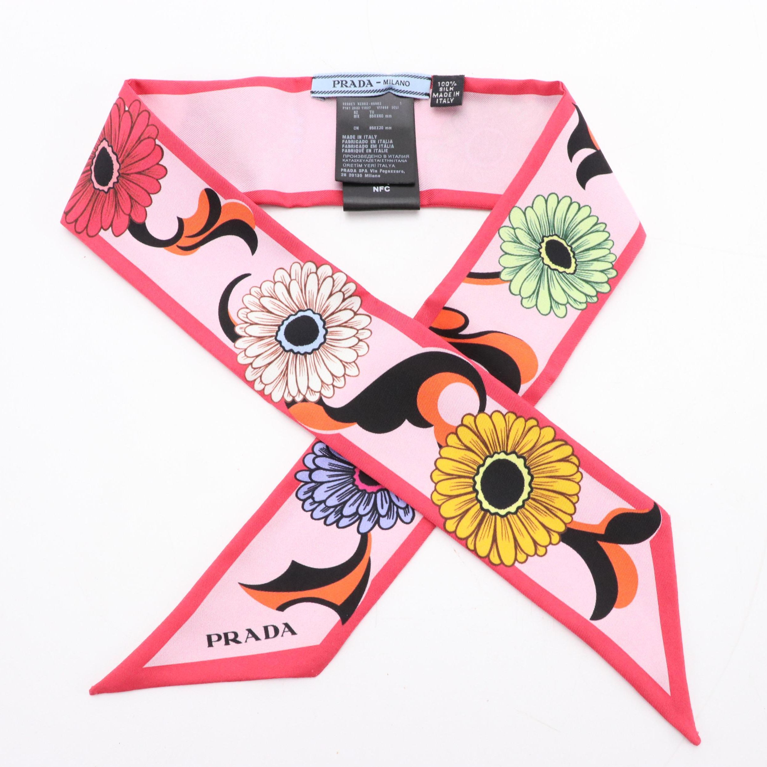 Prada "Daisies" Skinny Scarf in Silk Twill with Box