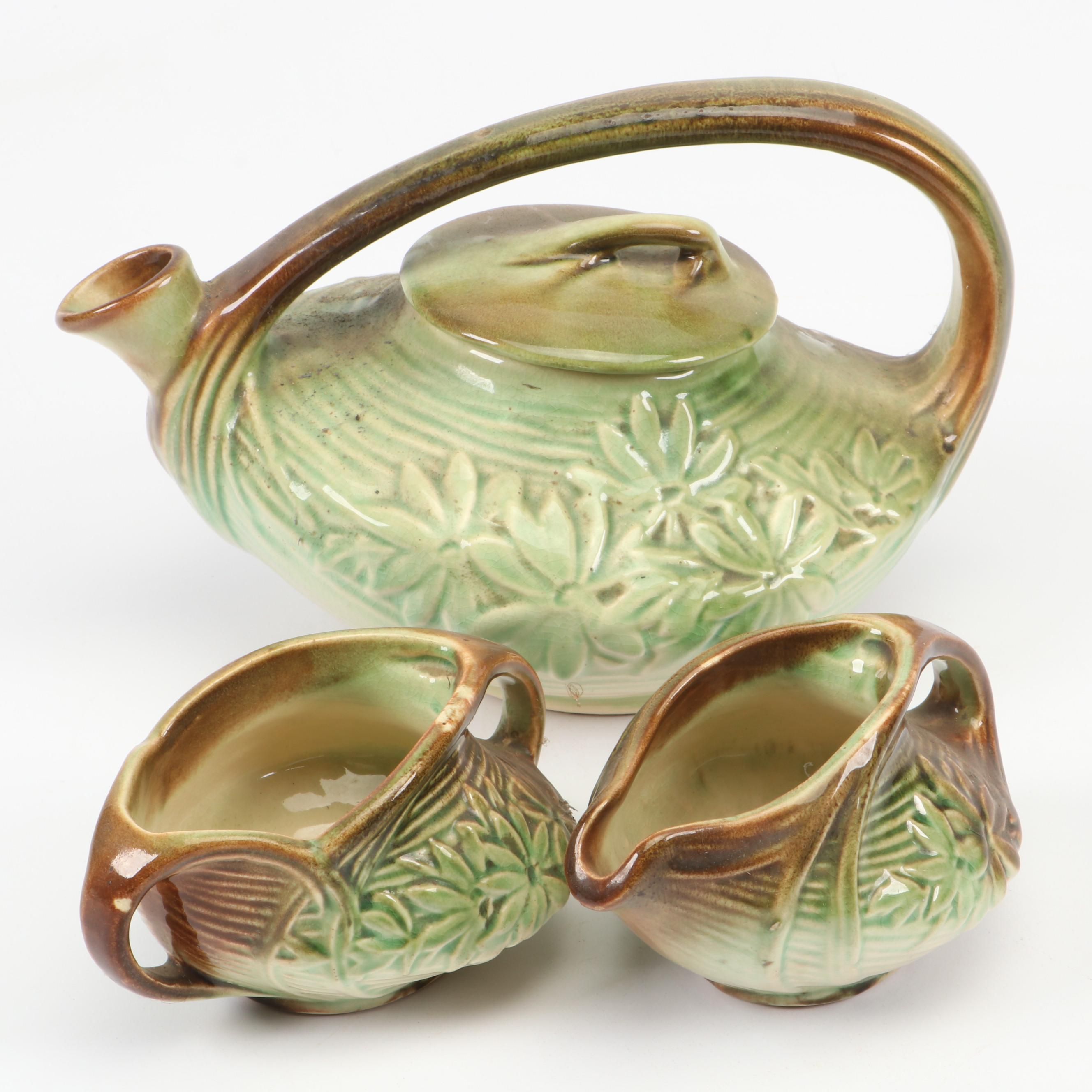 McCoy Pottery Art Deco Style Green and Brown Daisy Pattern Tea Set