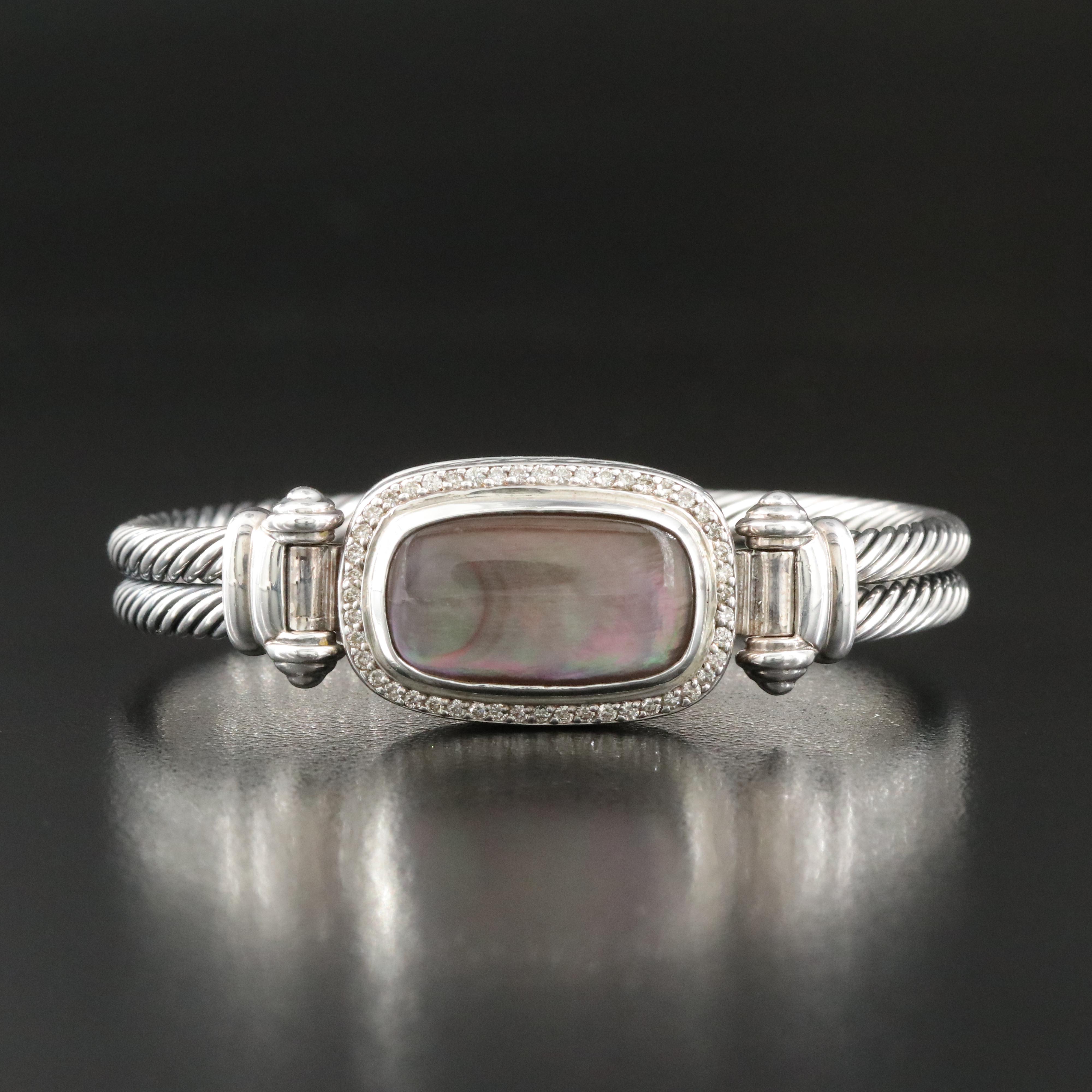 David Yurman Albion Sterling Mother of Pearl and 0.48 CTW Diamond Cable Bracelet