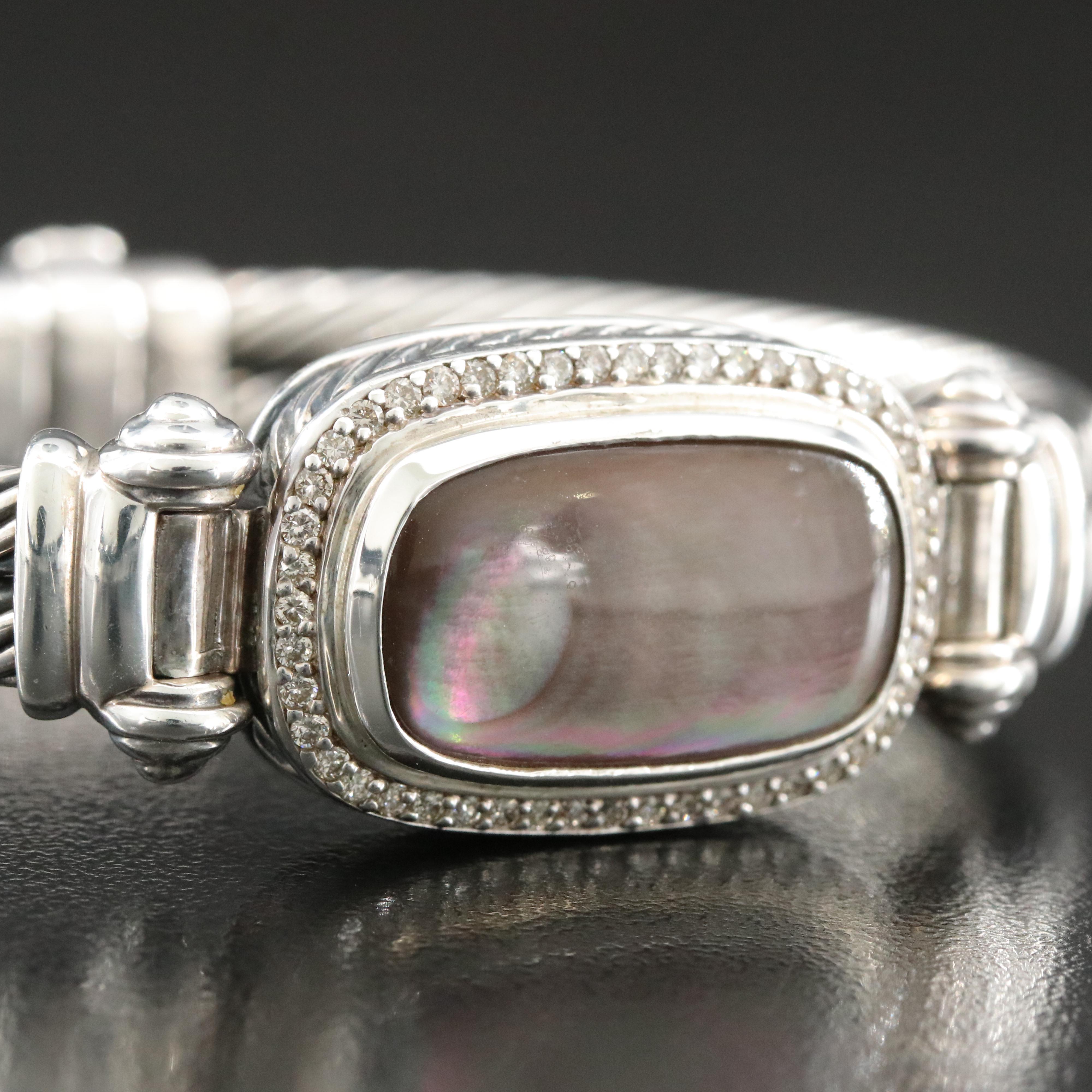 David Yurman Albion Sterling Mother of Pearl and 0.48 CTW Diamond Cable Bracelet