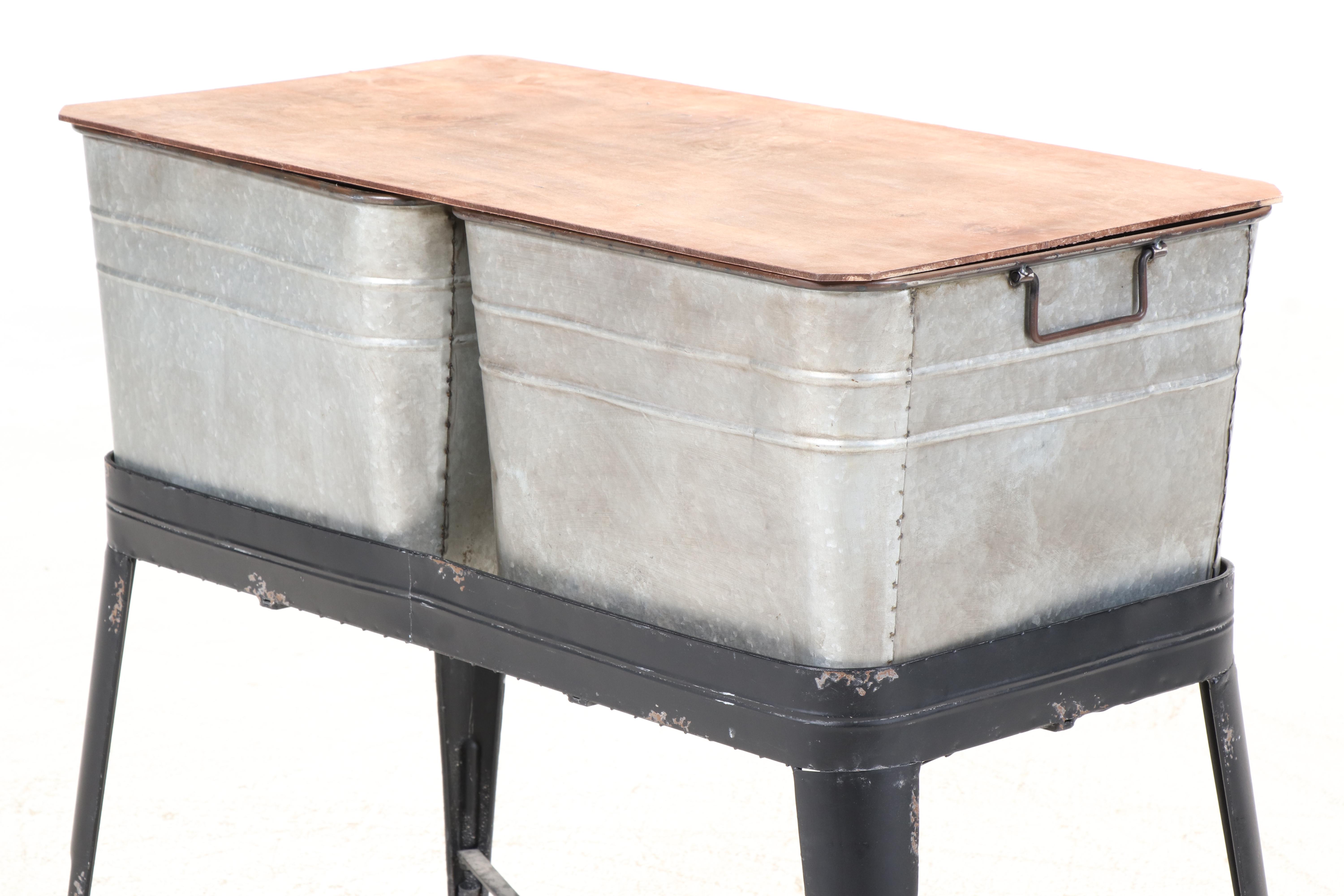 Black-Painted and Galvanized Metal Double Wash Tub-on-Stand