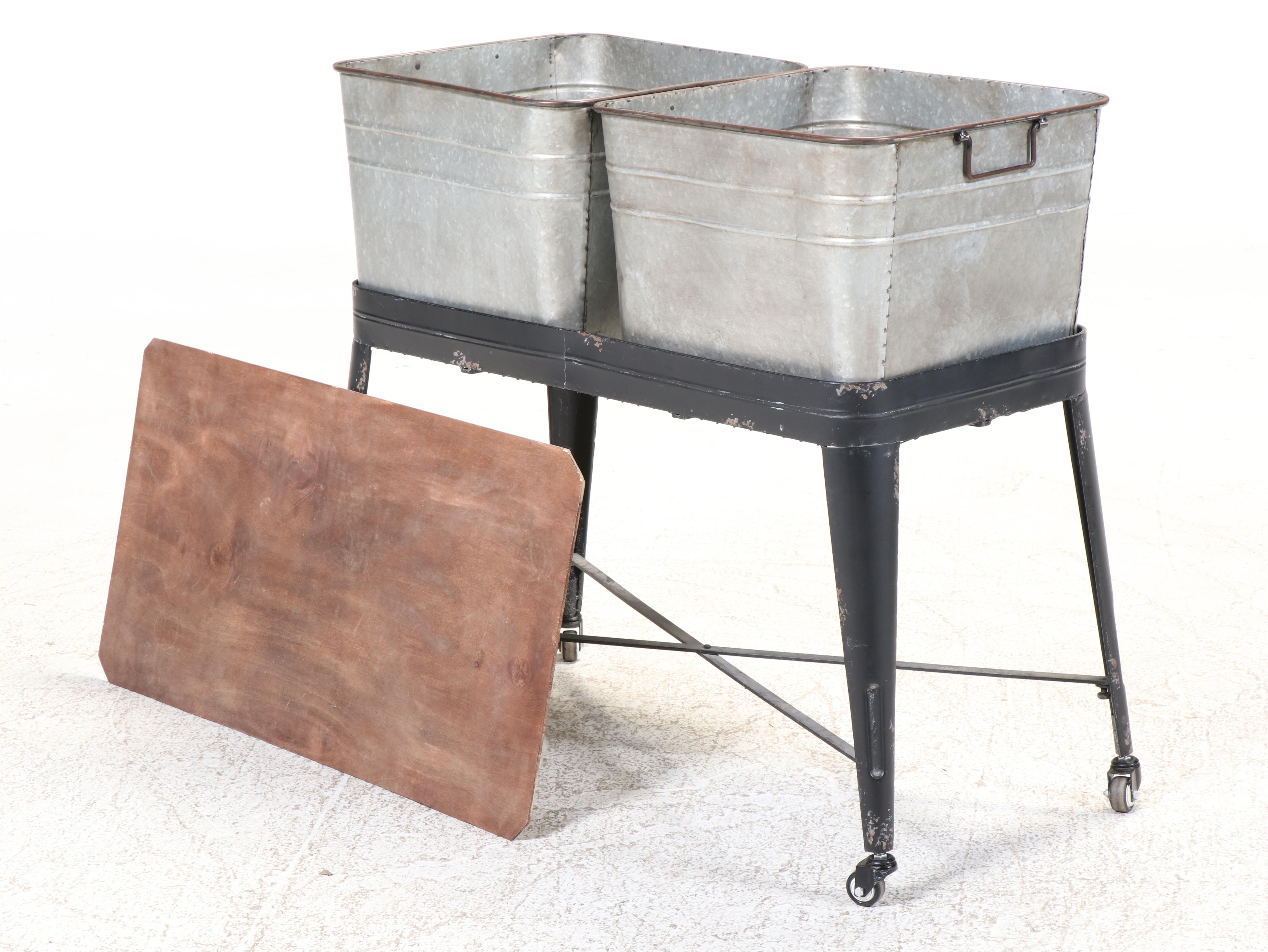 Black-Painted and Galvanized Metal Double Wash Tub-on-Stand