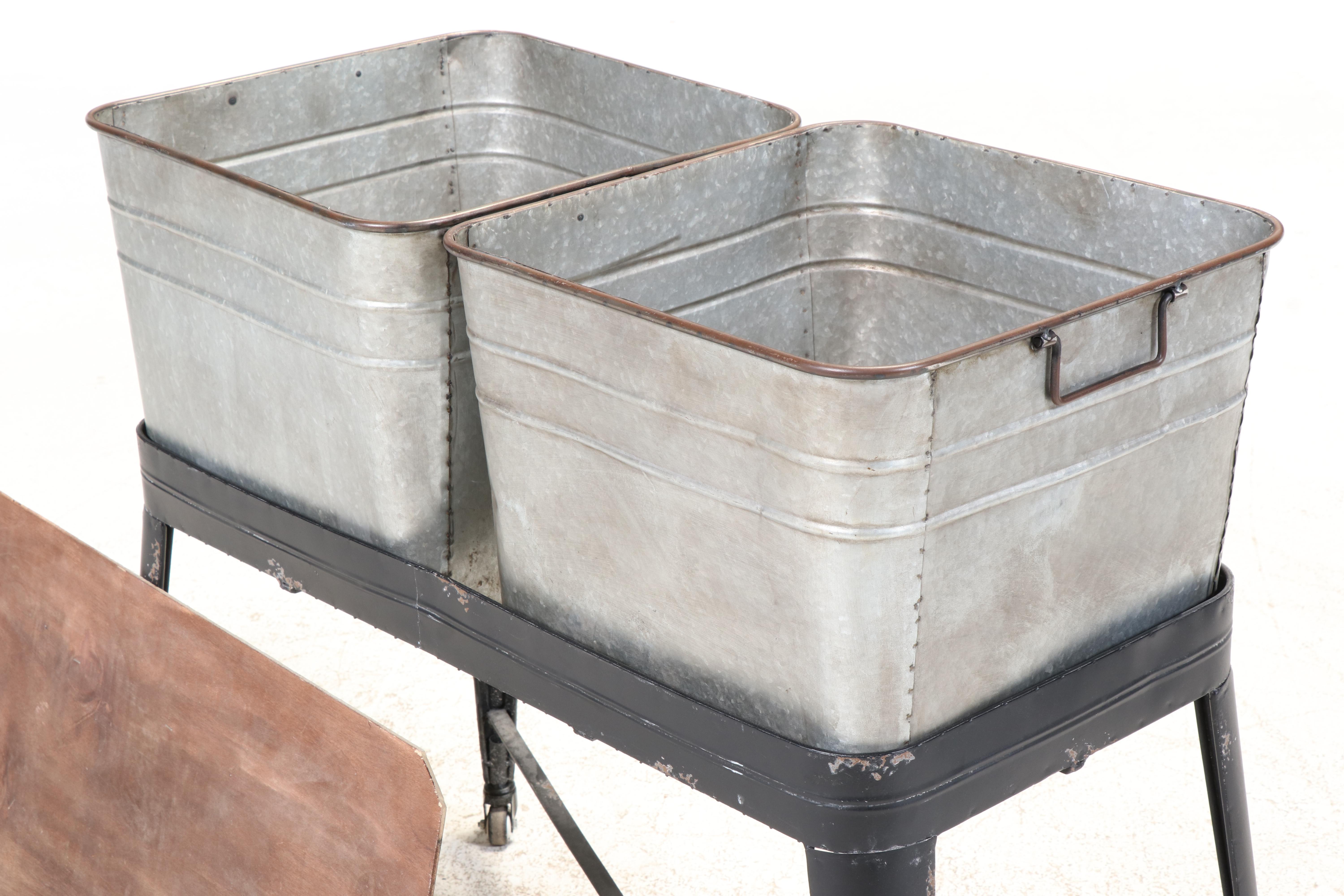 Black-Painted and Galvanized Metal Double Wash Tub-on-Stand