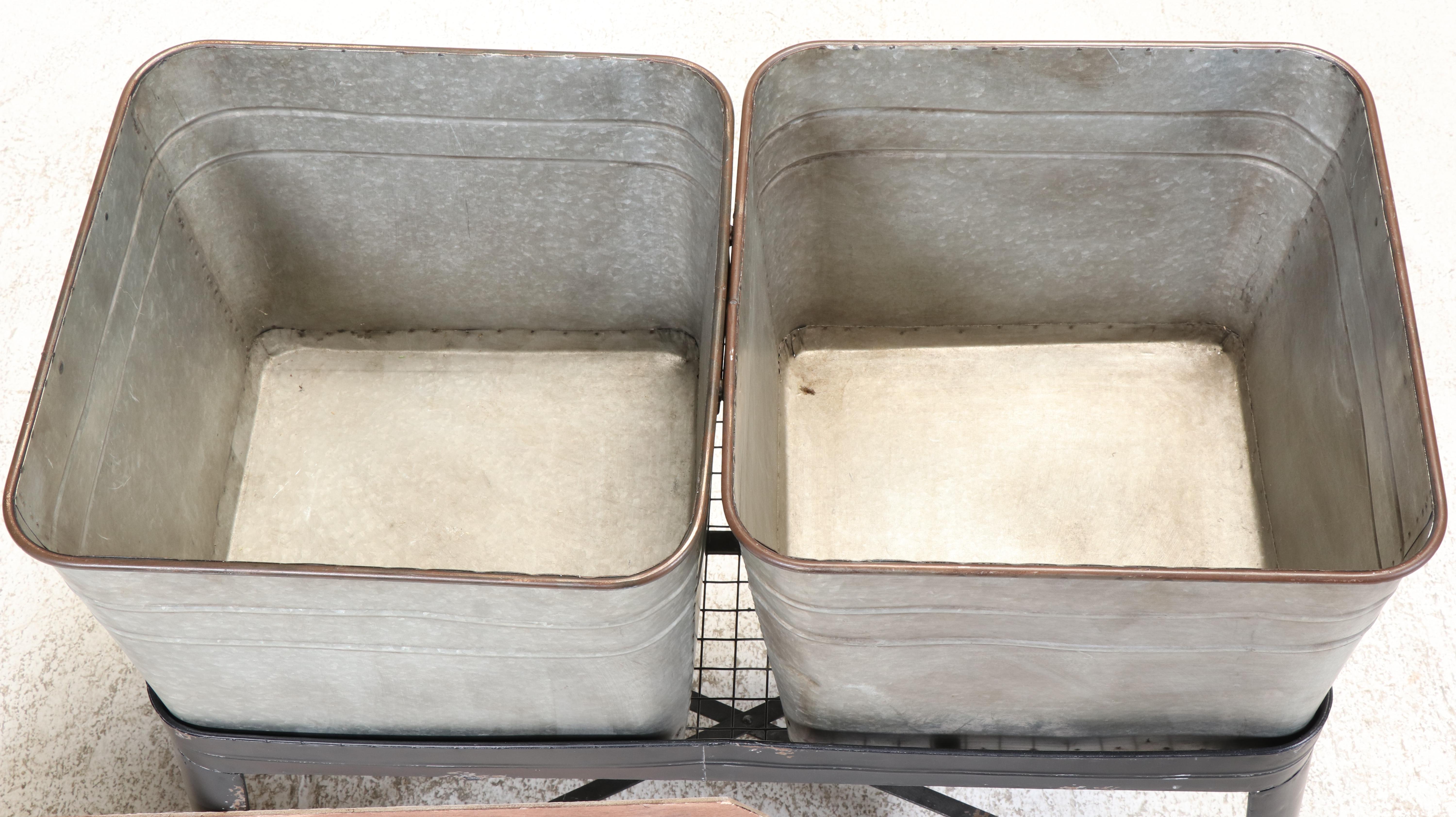 Black-Painted and Galvanized Metal Double Wash Tub-on-Stand