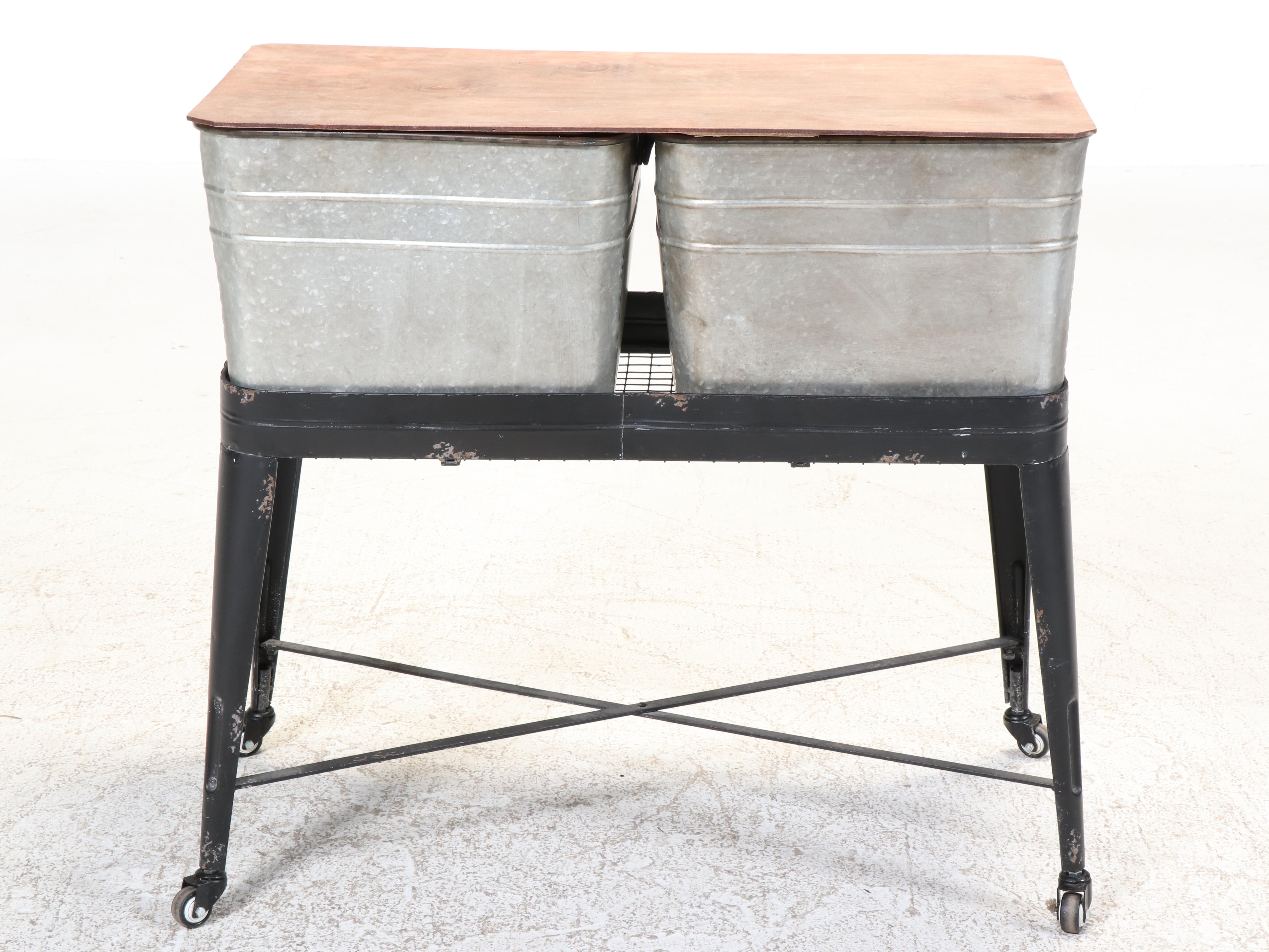 Black-Painted and Galvanized Metal Double Wash Tub-on-Stand