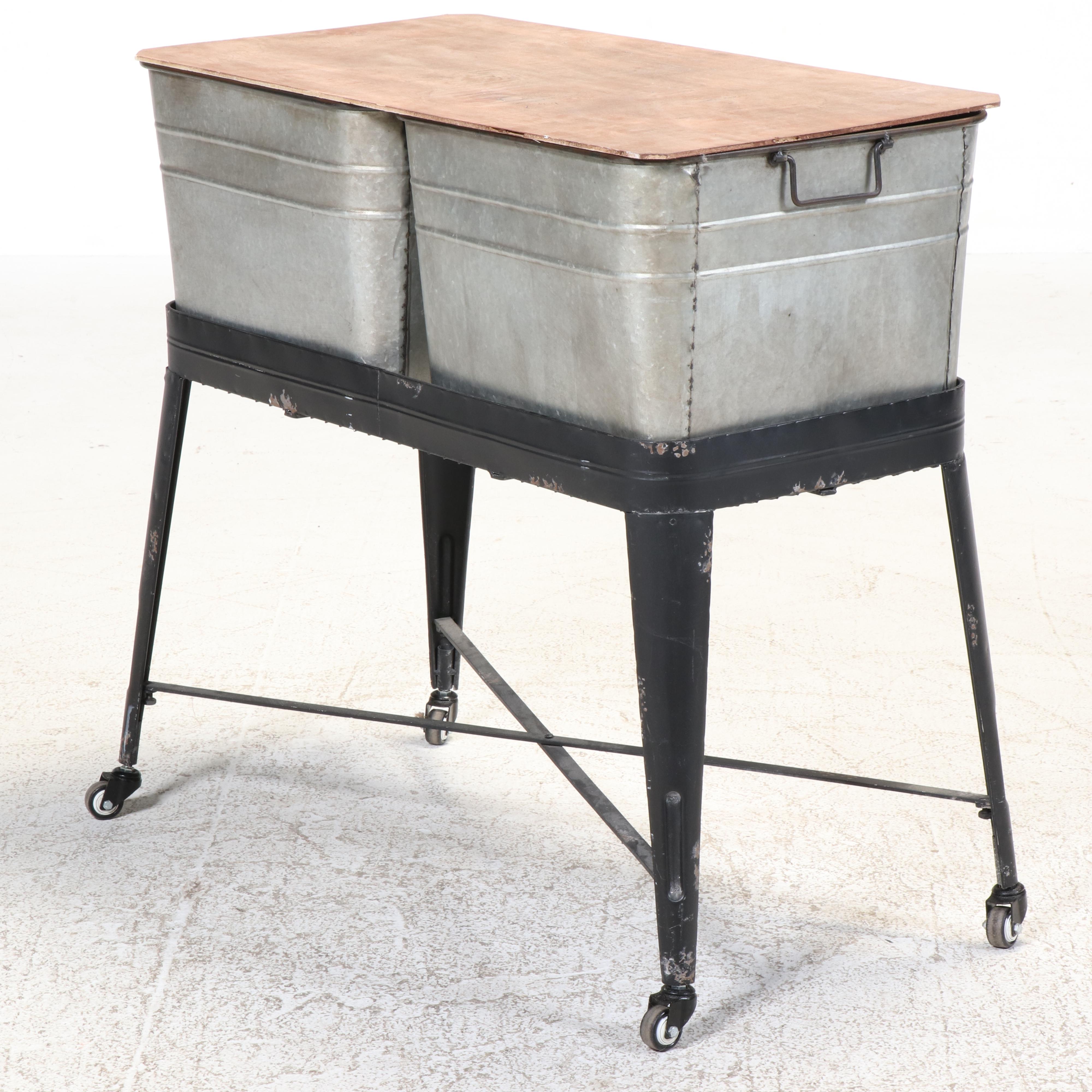 Black-Painted and Galvanized Metal Double Wash Tub-on-Stand