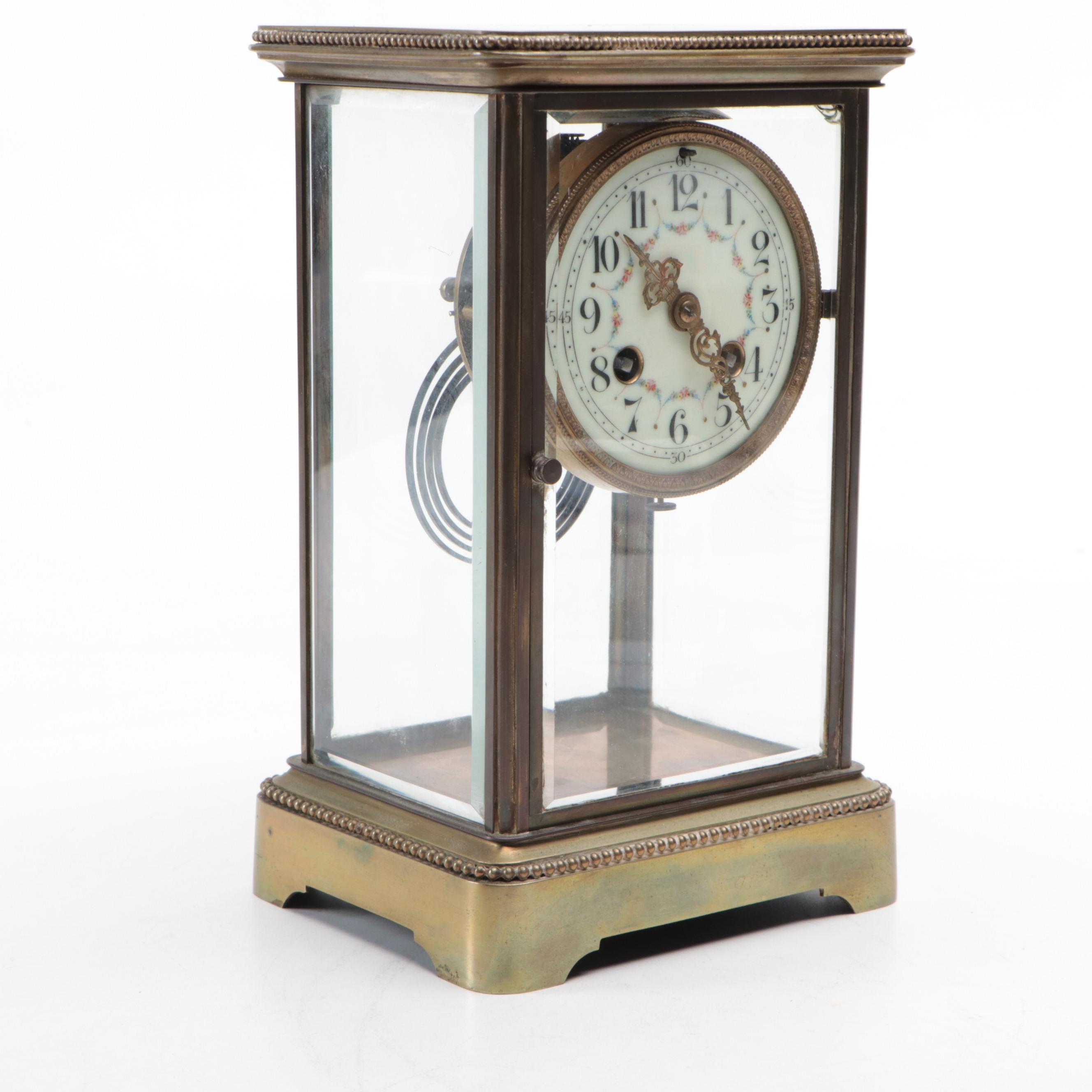 French Japy Frères Brass and Glass Mantel Clock with Mercury Pendulum