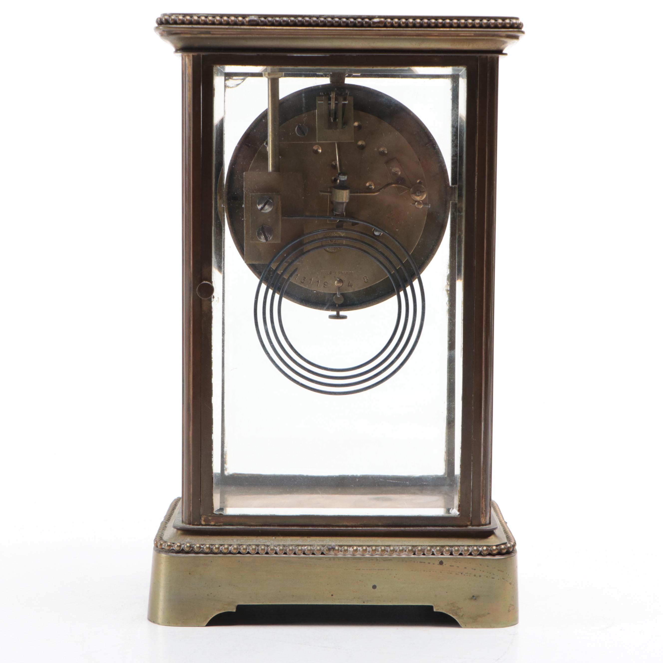 French Japy Frères Brass and Glass Mantel Clock with Mercury Pendulum