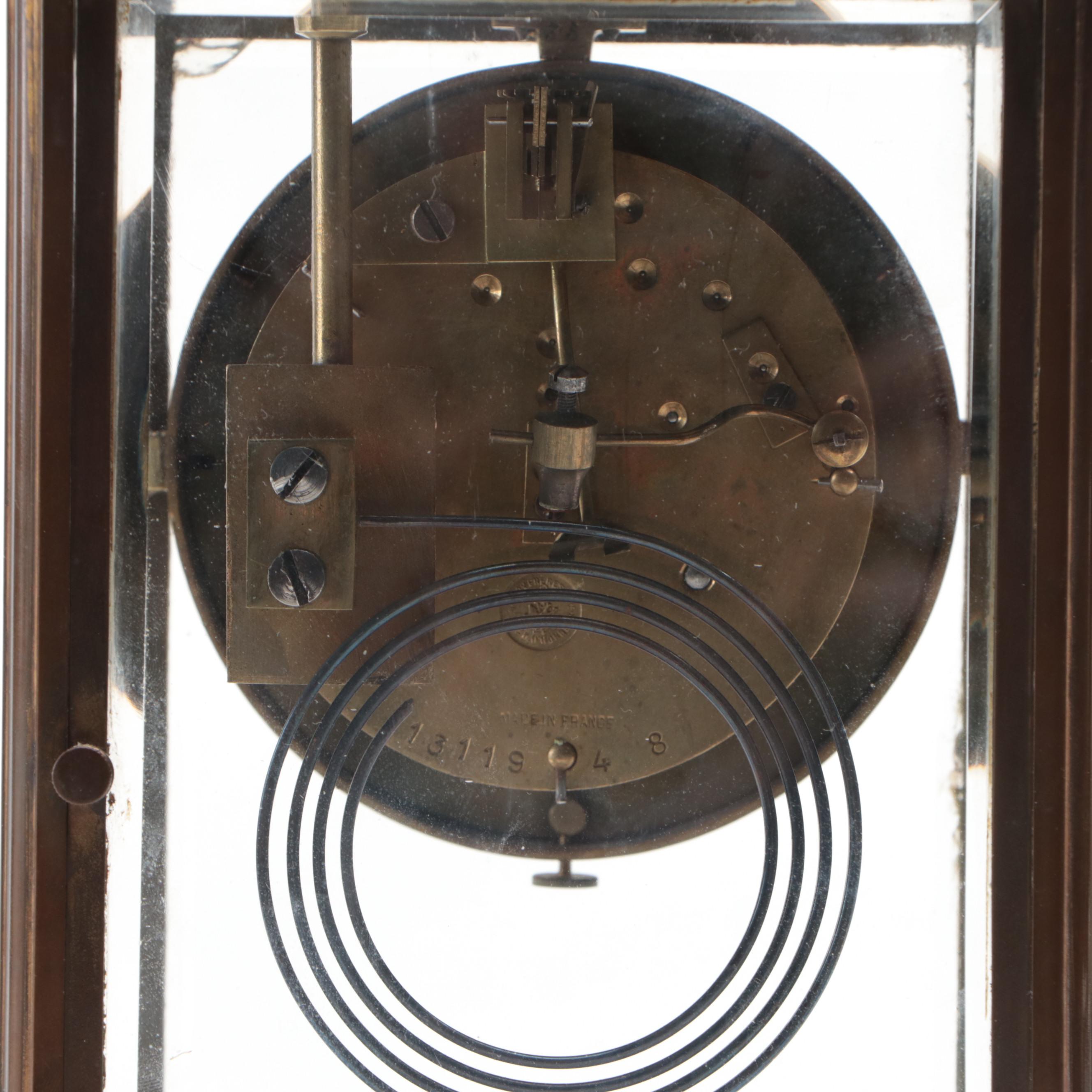French Japy Frères Brass and Glass Mantel Clock with Mercury Pendulum