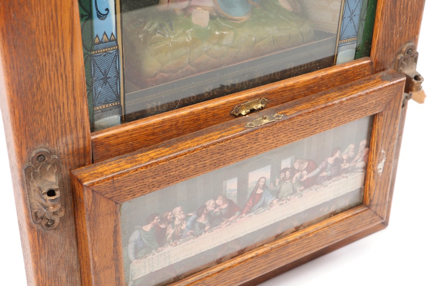 Oak Frame Viaticum Last Rites Box with Chalkware Pieta Statue, Mid-20th ...