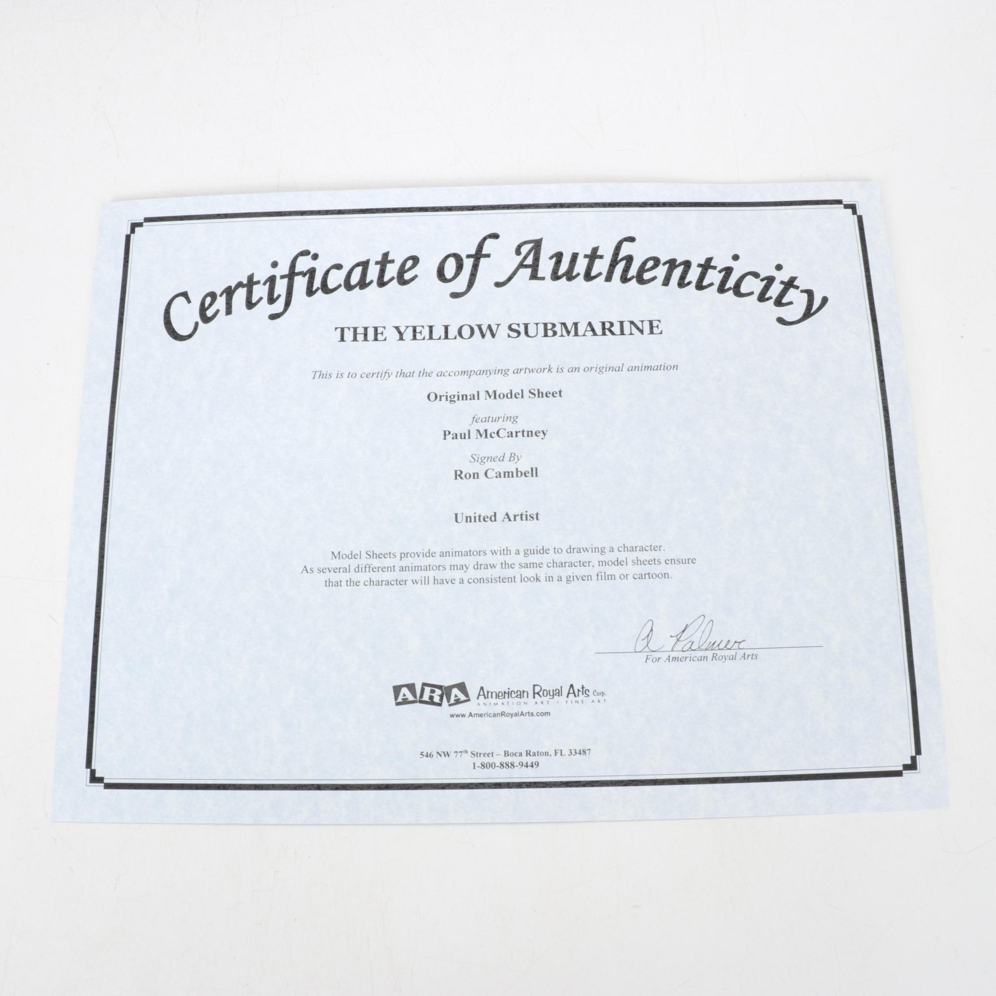 Ron Campbell Yellow Submarine Animation Model Sheet Featuring Paul McCartney