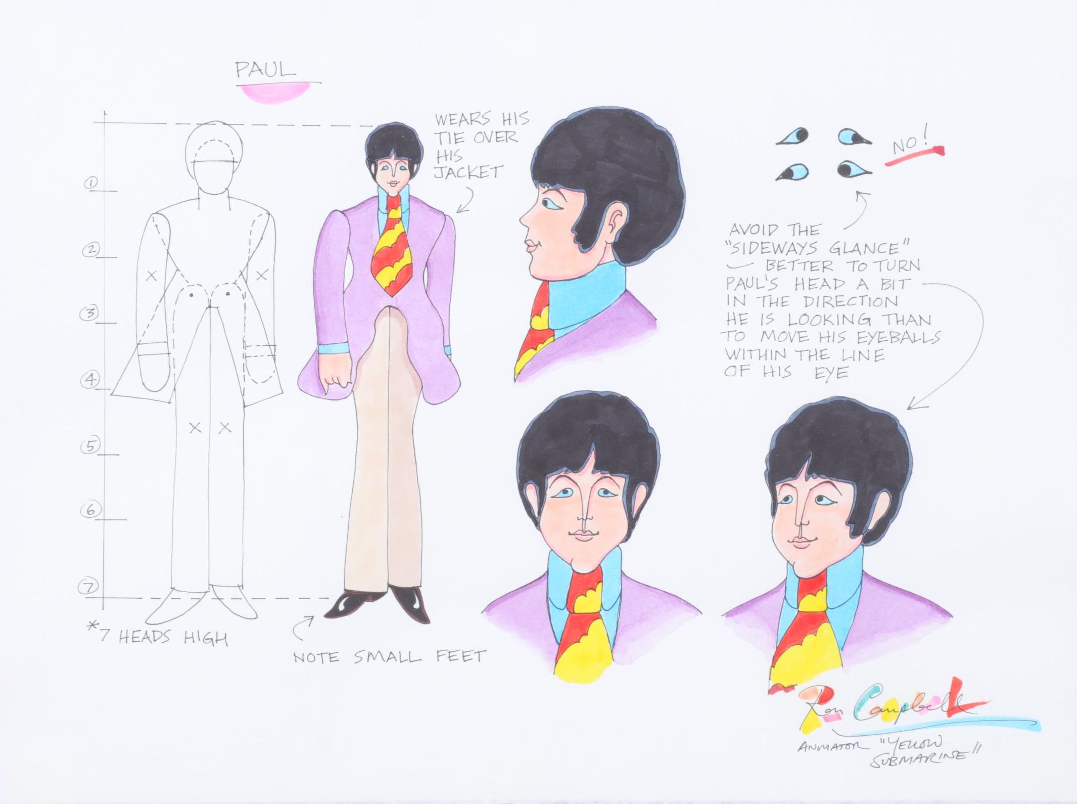 Ron Campbell Yellow Submarine Animation Model Sheet Featuring Paul McCartney