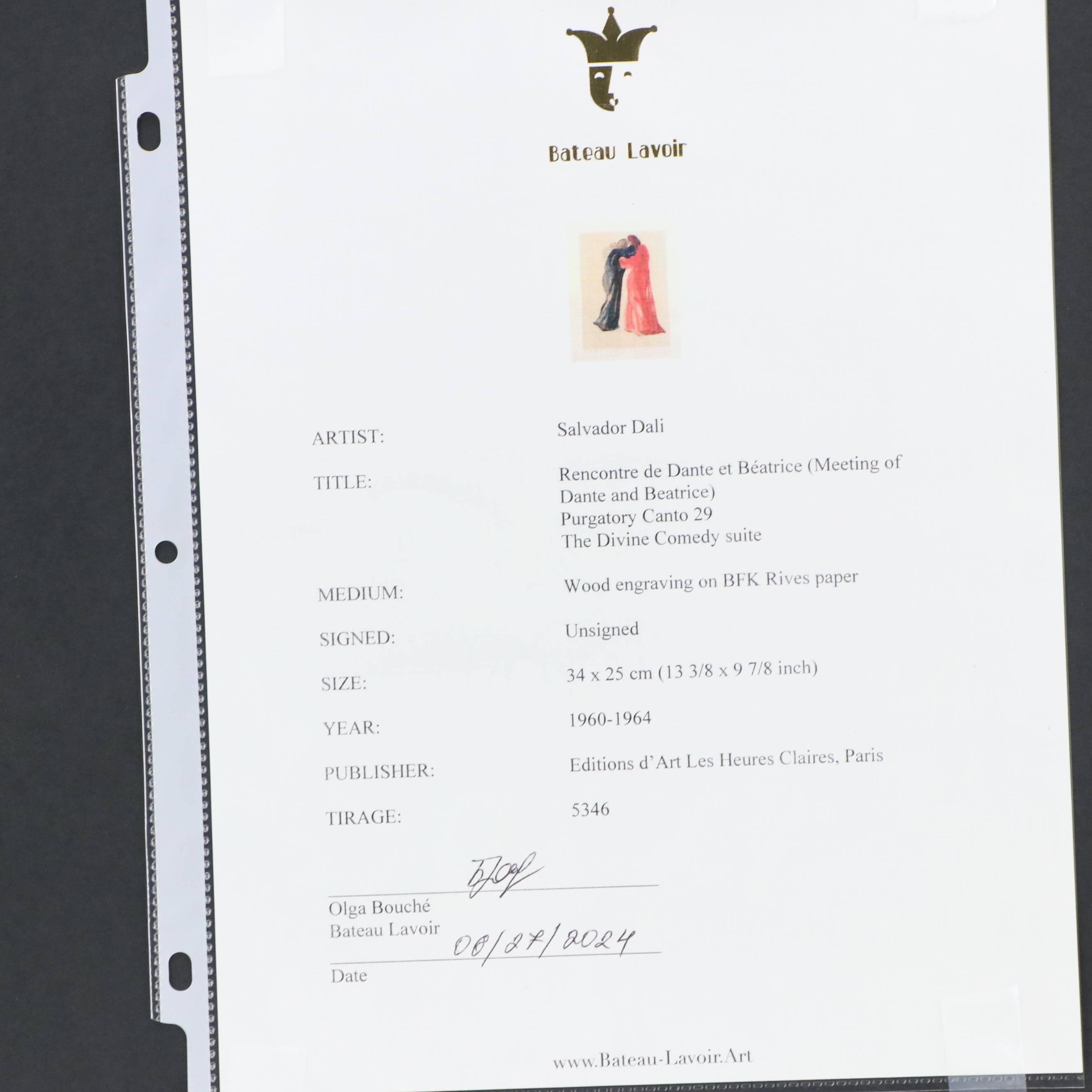Salvador Dalí Wood Engraving "Rencontre de Dante et Béatrice," 1960-1964