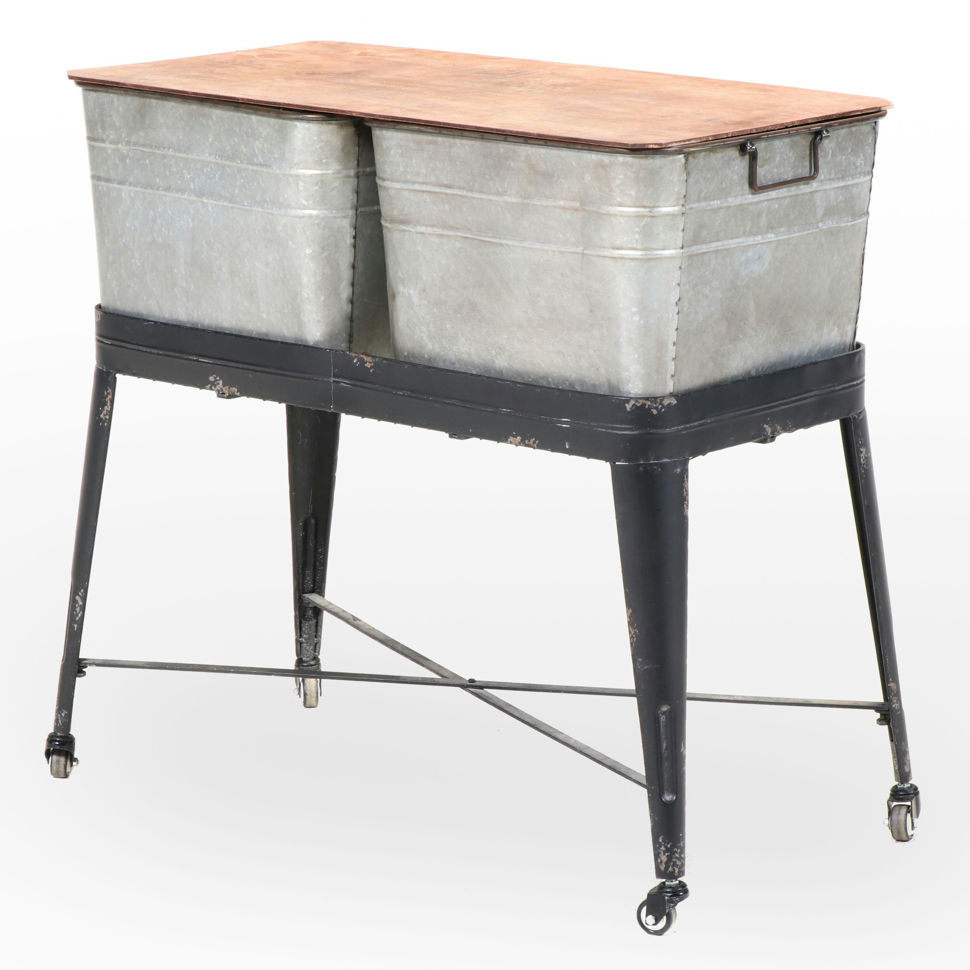 Black-Painted and Galvanized Metal Double Wash Tub-on-Stand