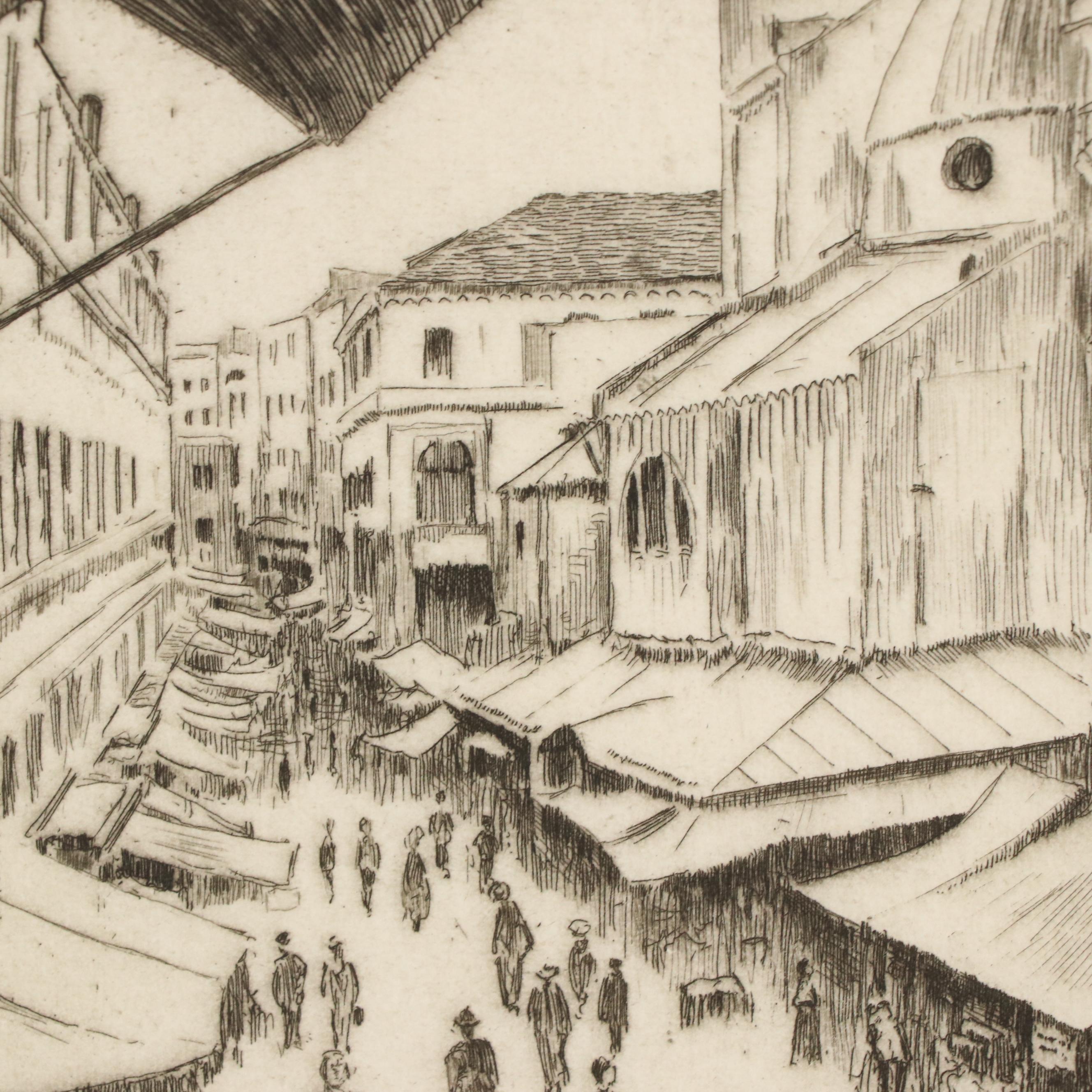 Lee Sturges Etching of a Street Scene "Rialto Venice," 1936
