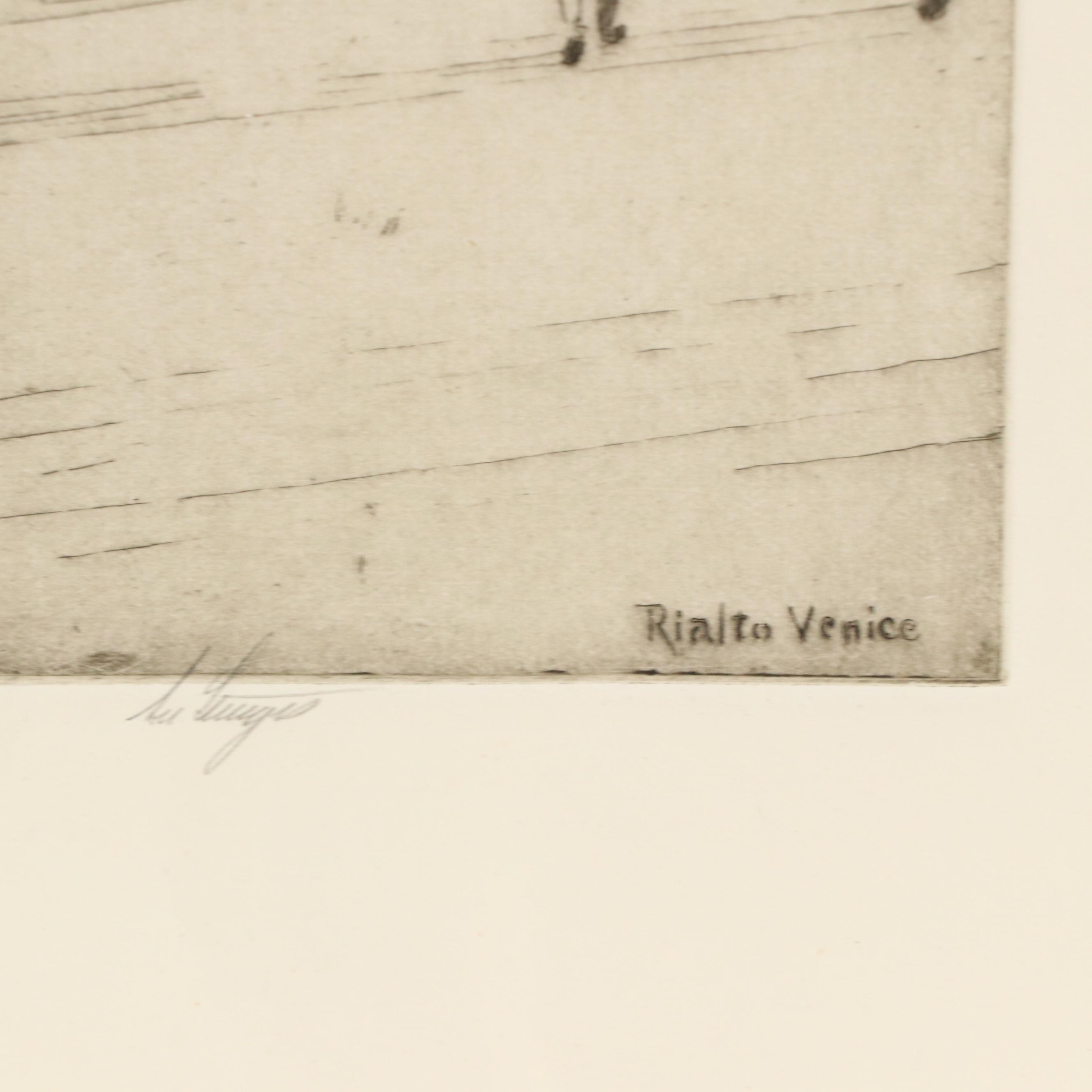 Lee Sturges Etching of a Street Scene "Rialto Venice," 1936