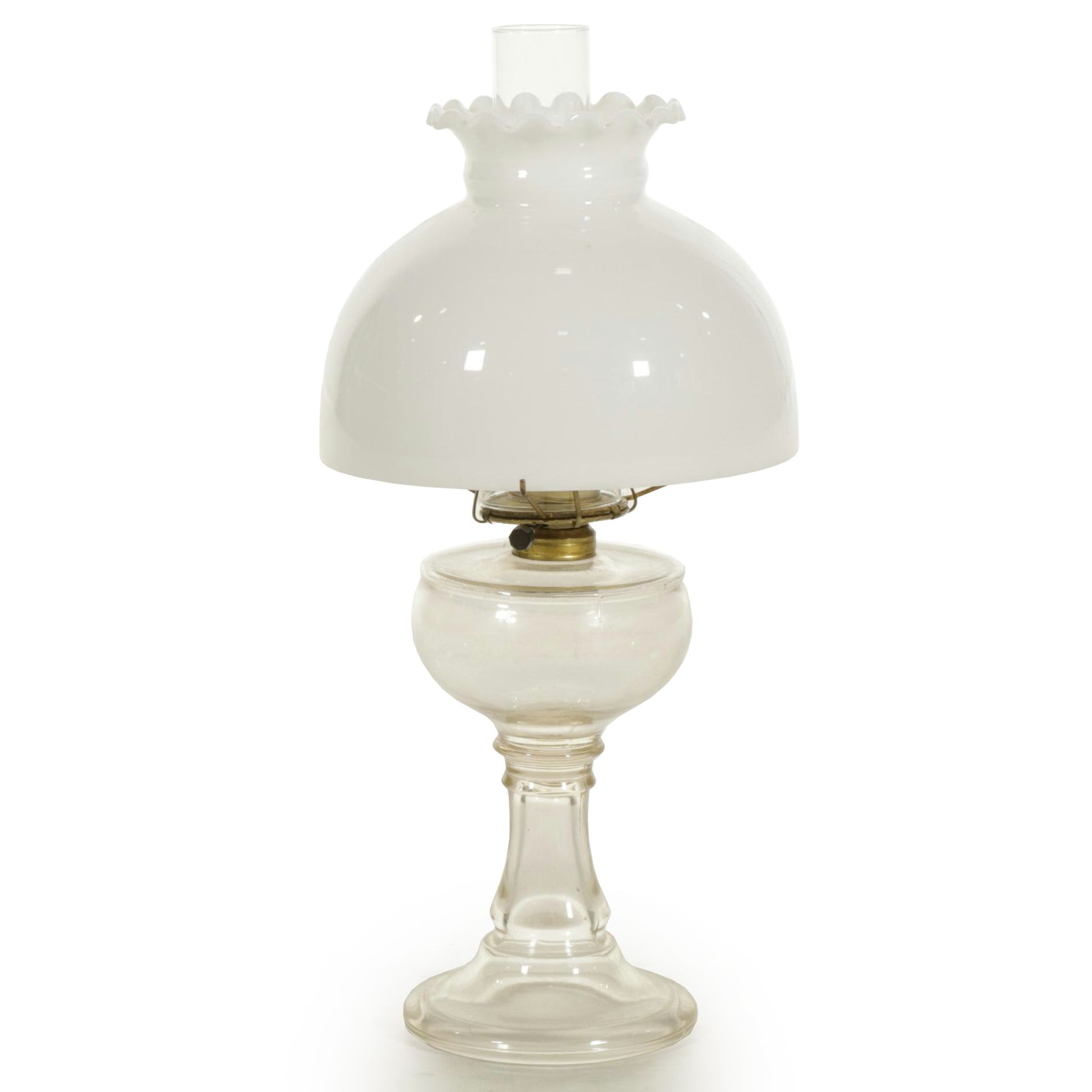 Converted Oil Lamp Table Lamp with White Ruffled Glass Shade, Vintage