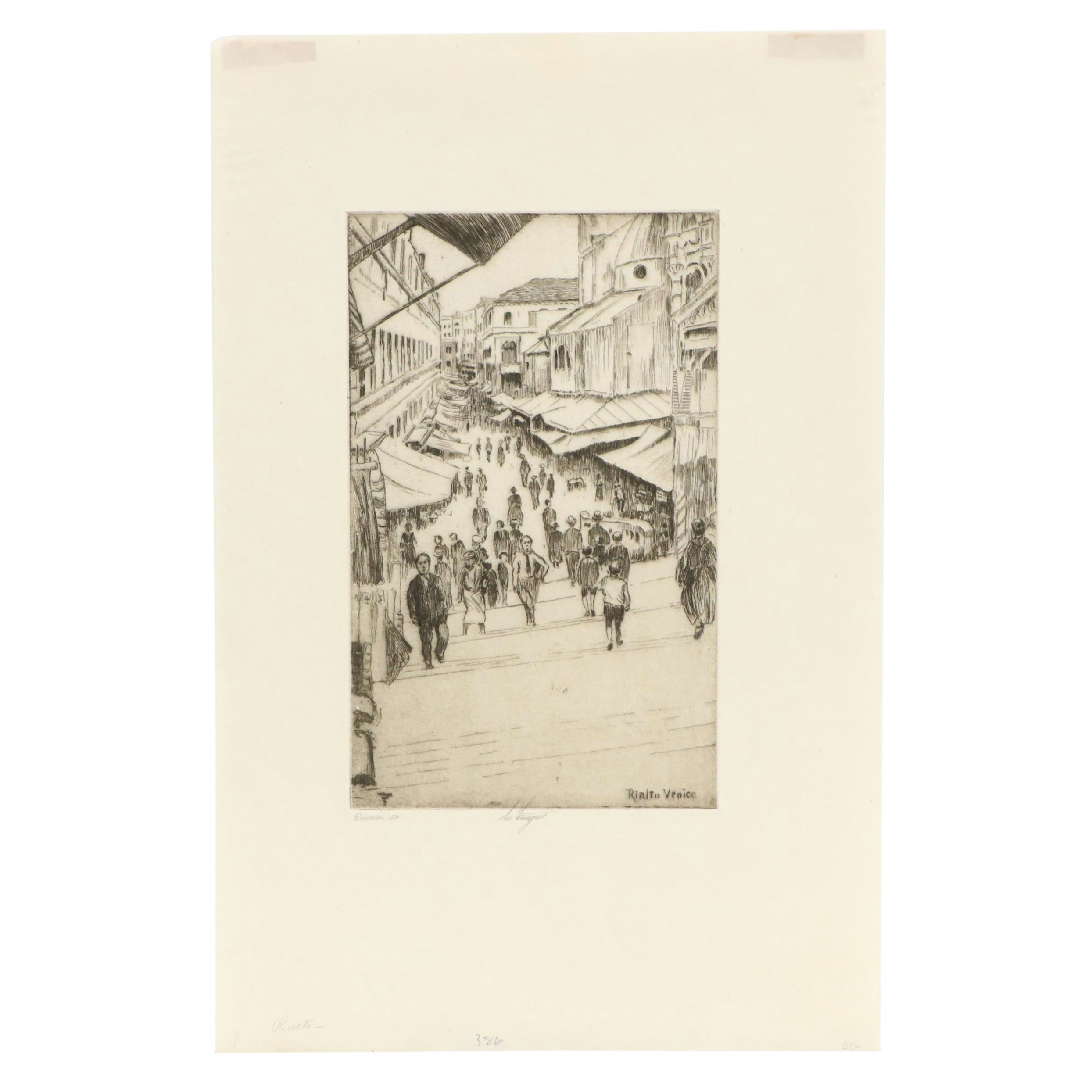 Lee Sturges Etching of a Street Scene "Rialto Venice," 1936