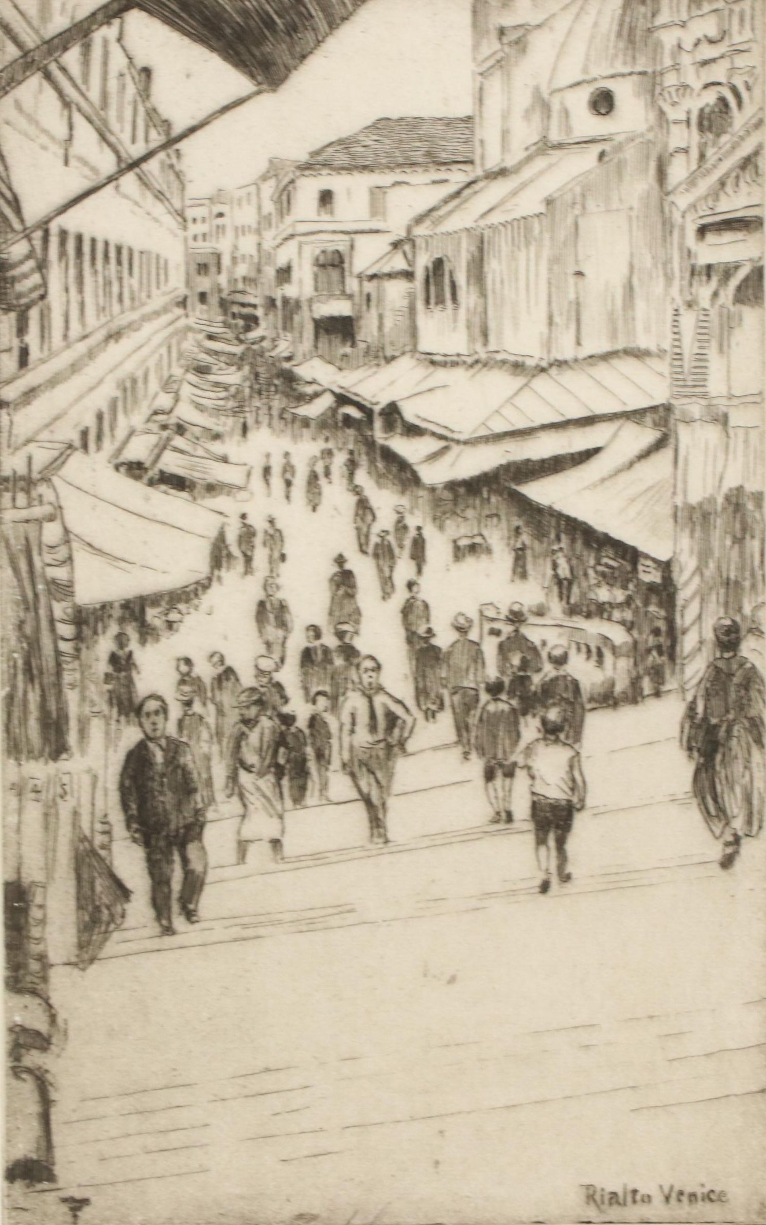 Lee Sturges Etching of a Street Scene "Rialto Venice," 1936