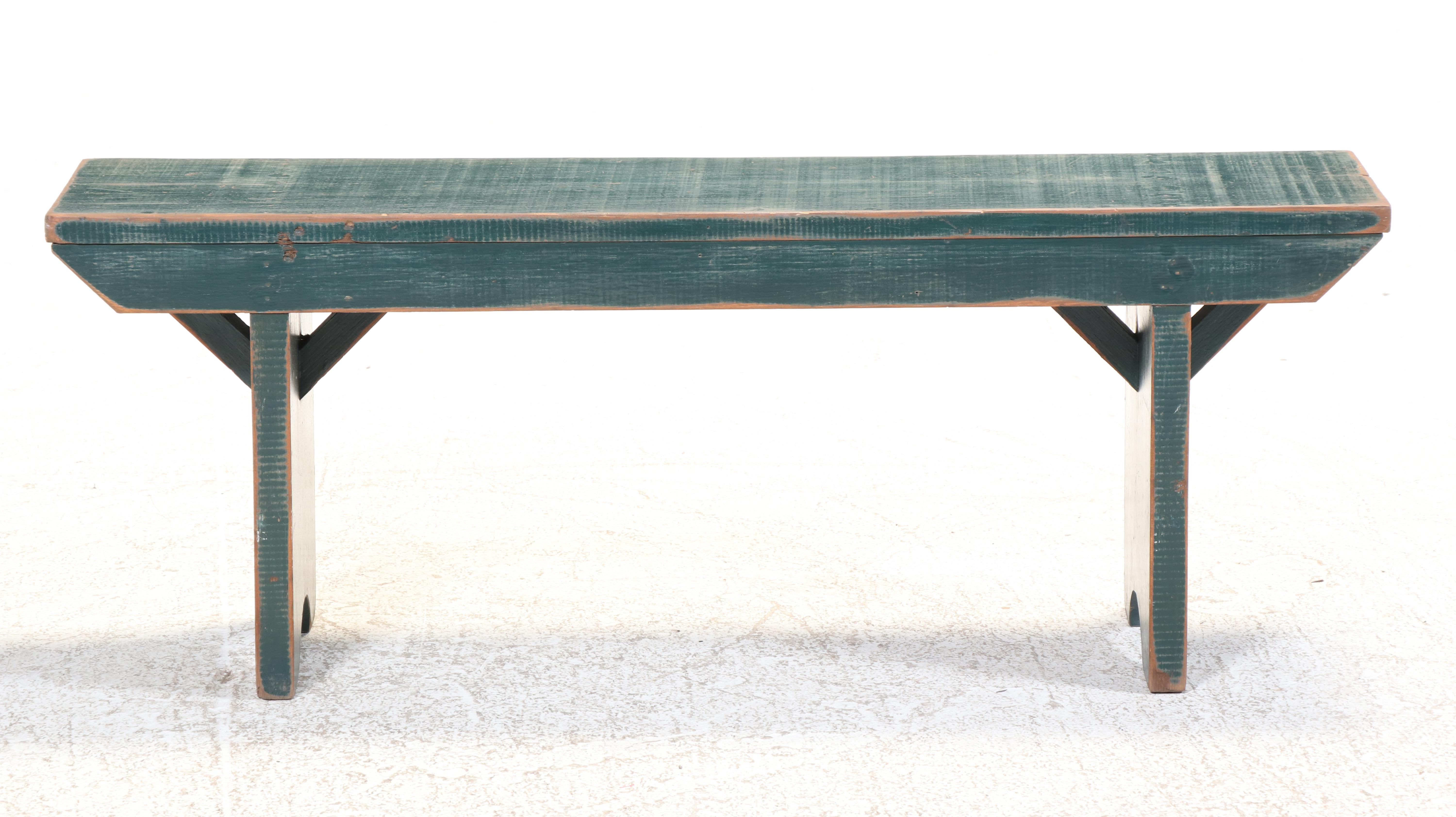 American Primitive Green-Painted Bootjack Bench, Late 20th Century
