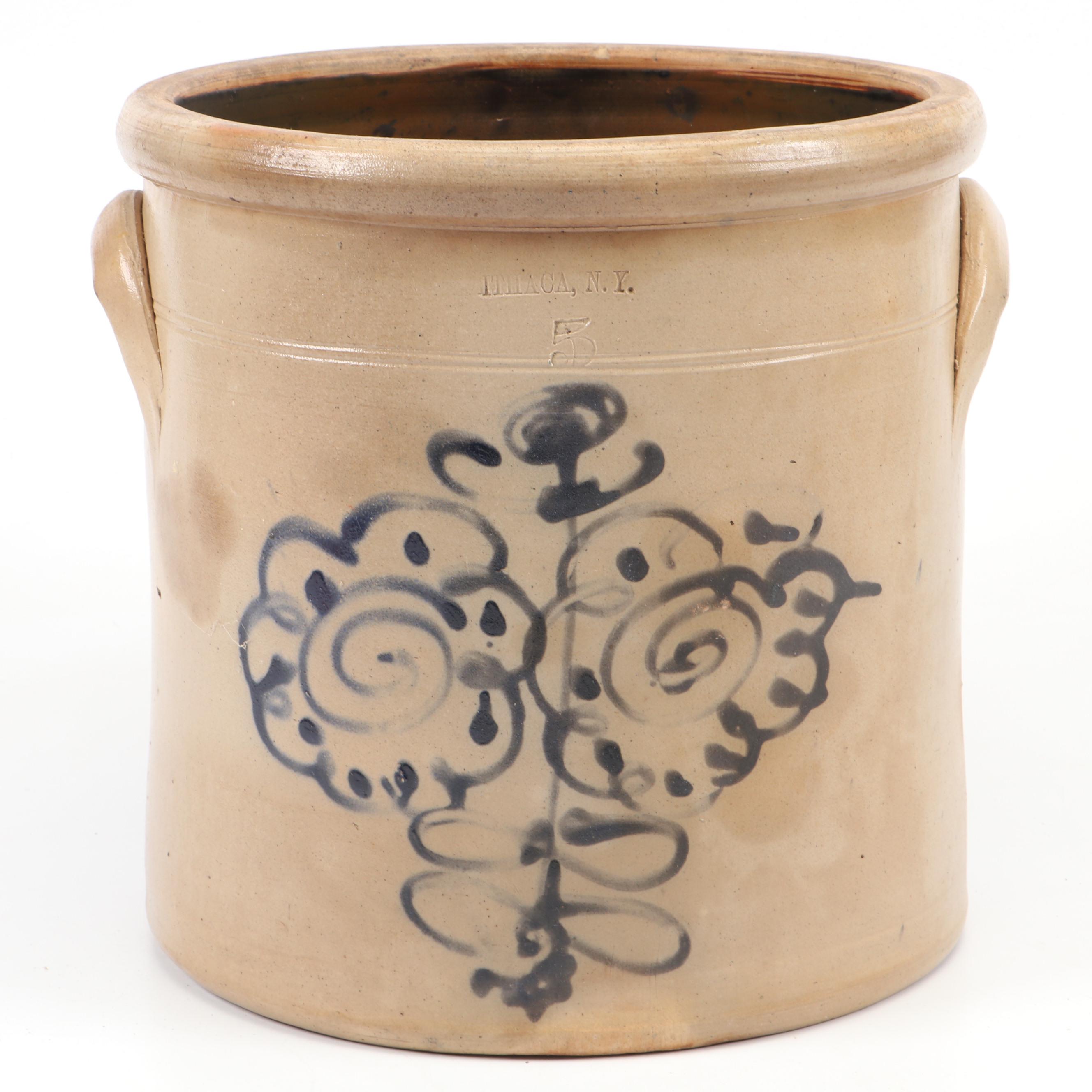 New York and Other Salt Glazed Stoneware Crocks with Freehand Cobalt Designs