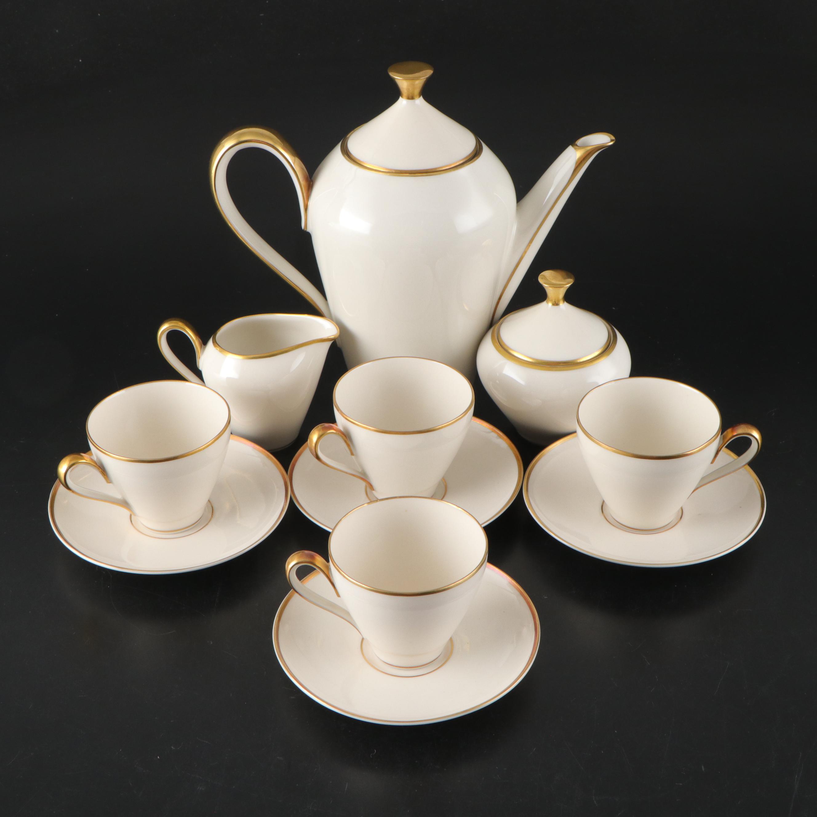 Lindnet Art Deco Style White and Gilt Rimmed Porcelain Tea Set