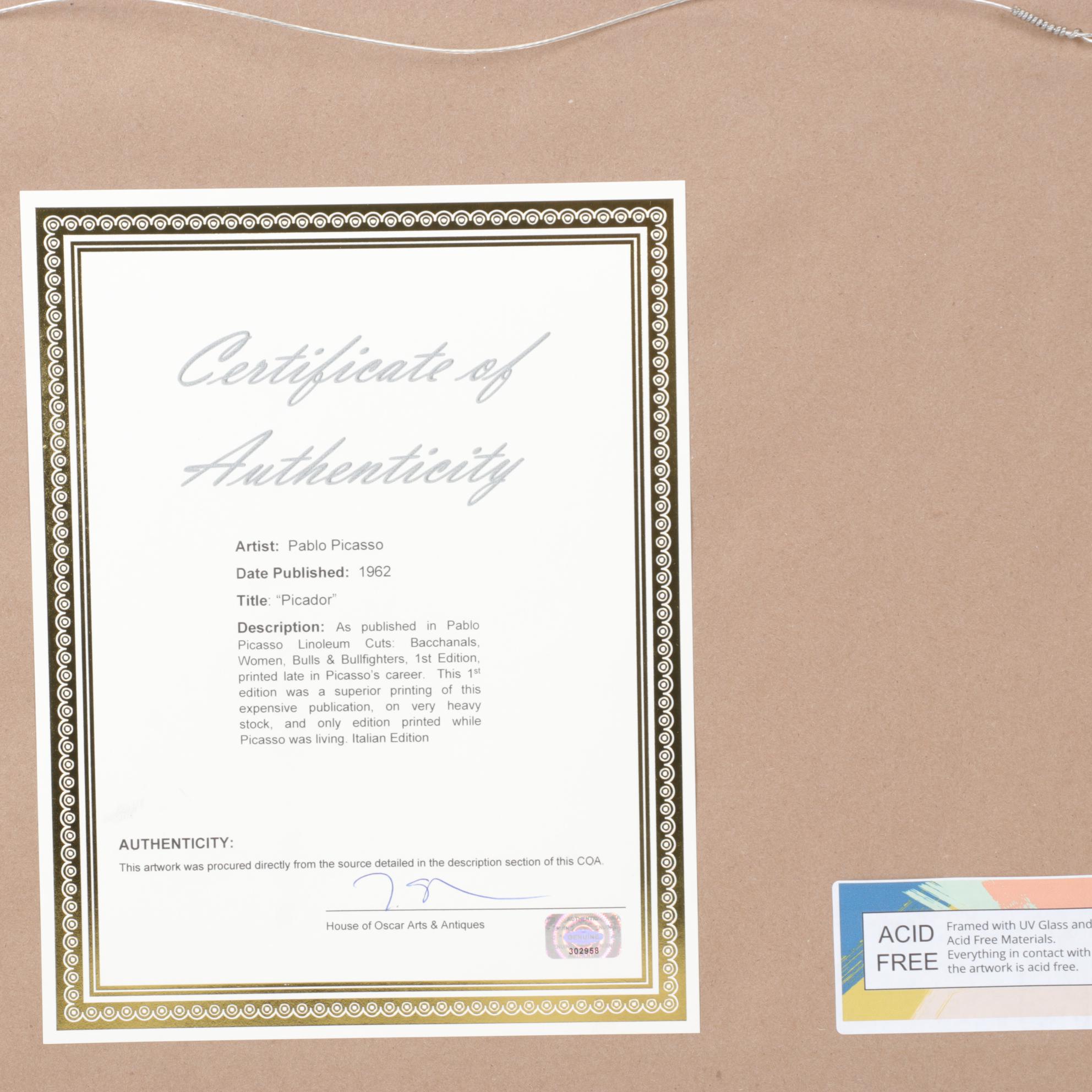 Pablo Picasso Linocut "The Picador," 1962