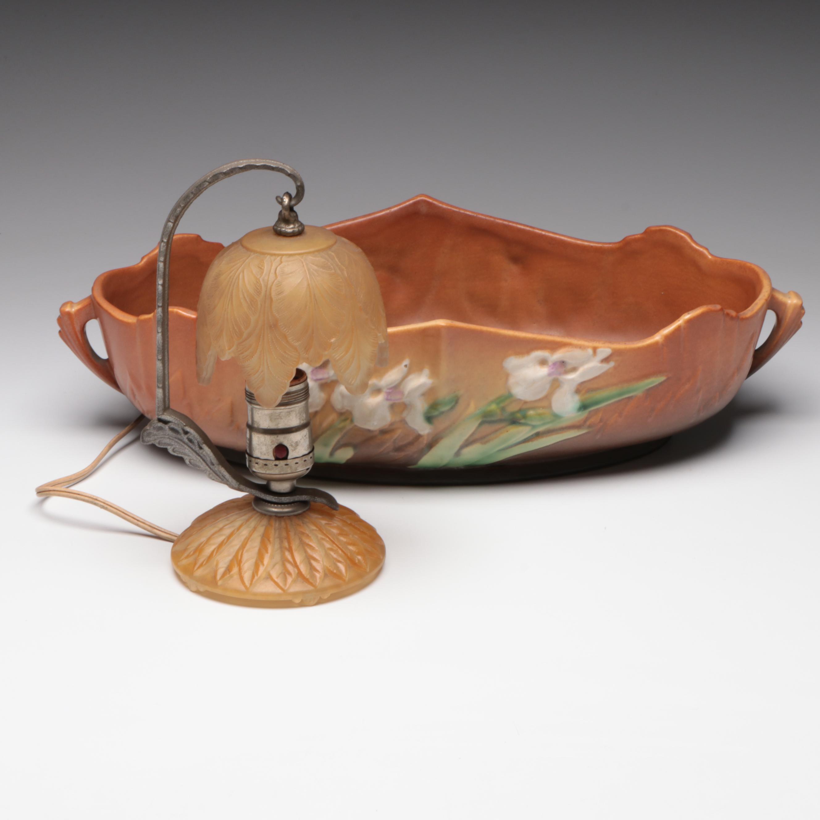 Roseville Pottery "Iris" Double Handle Centerpiece & Pressed Glass Accent Lamp
