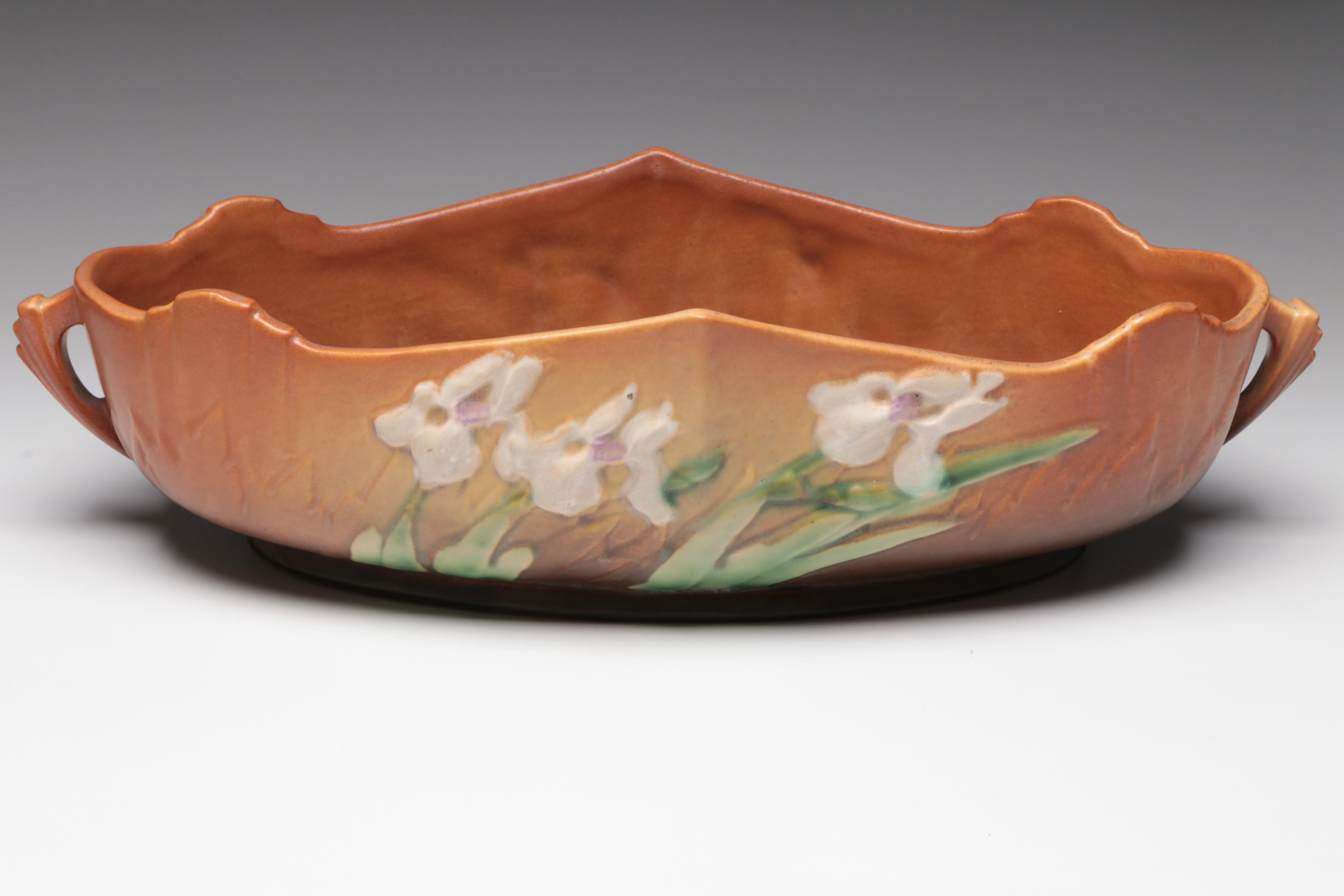 Roseville Pottery "Iris" Double Handle Centerpiece & Pressed Glass Accent Lamp