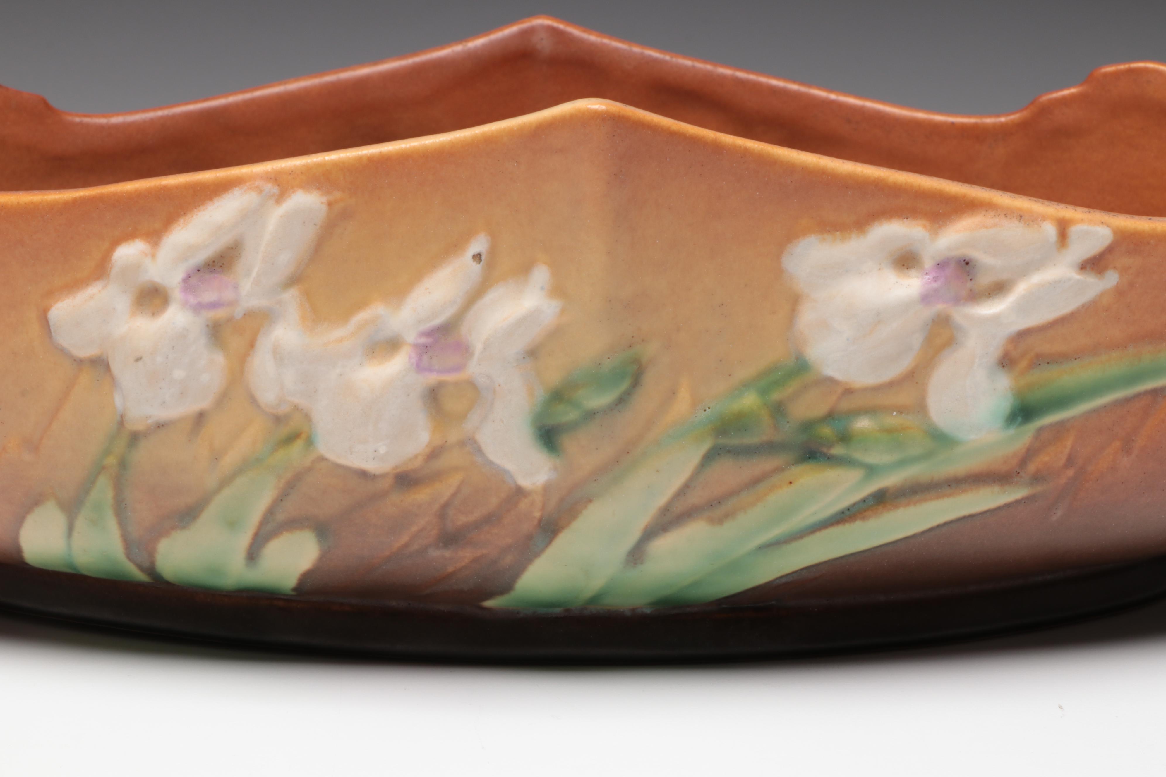 Roseville Pottery "Iris" Double Handle Centerpiece & Pressed Glass Accent Lamp