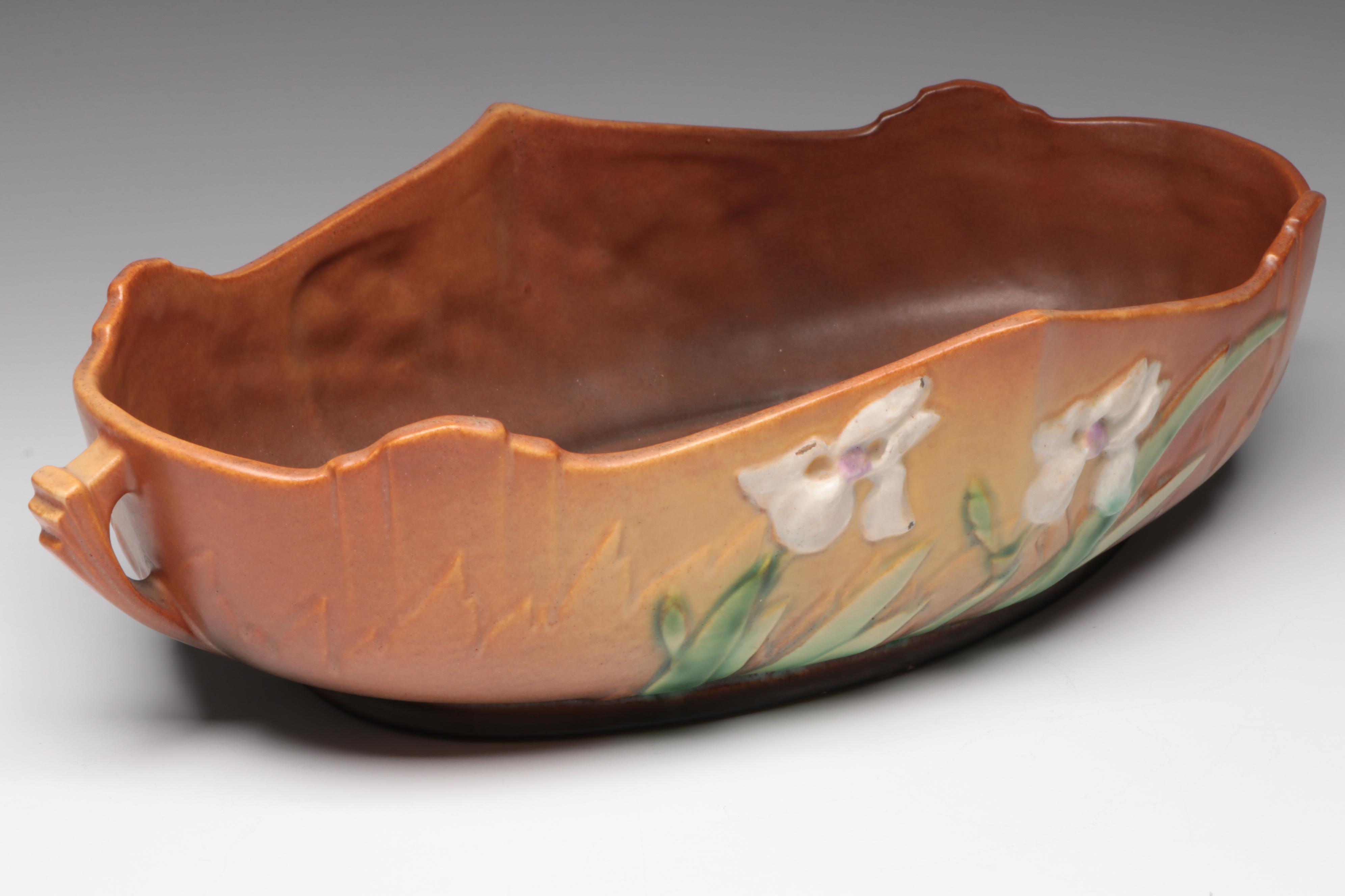 Roseville Pottery "Iris" Double Handle Centerpiece & Pressed Glass Accent Lamp