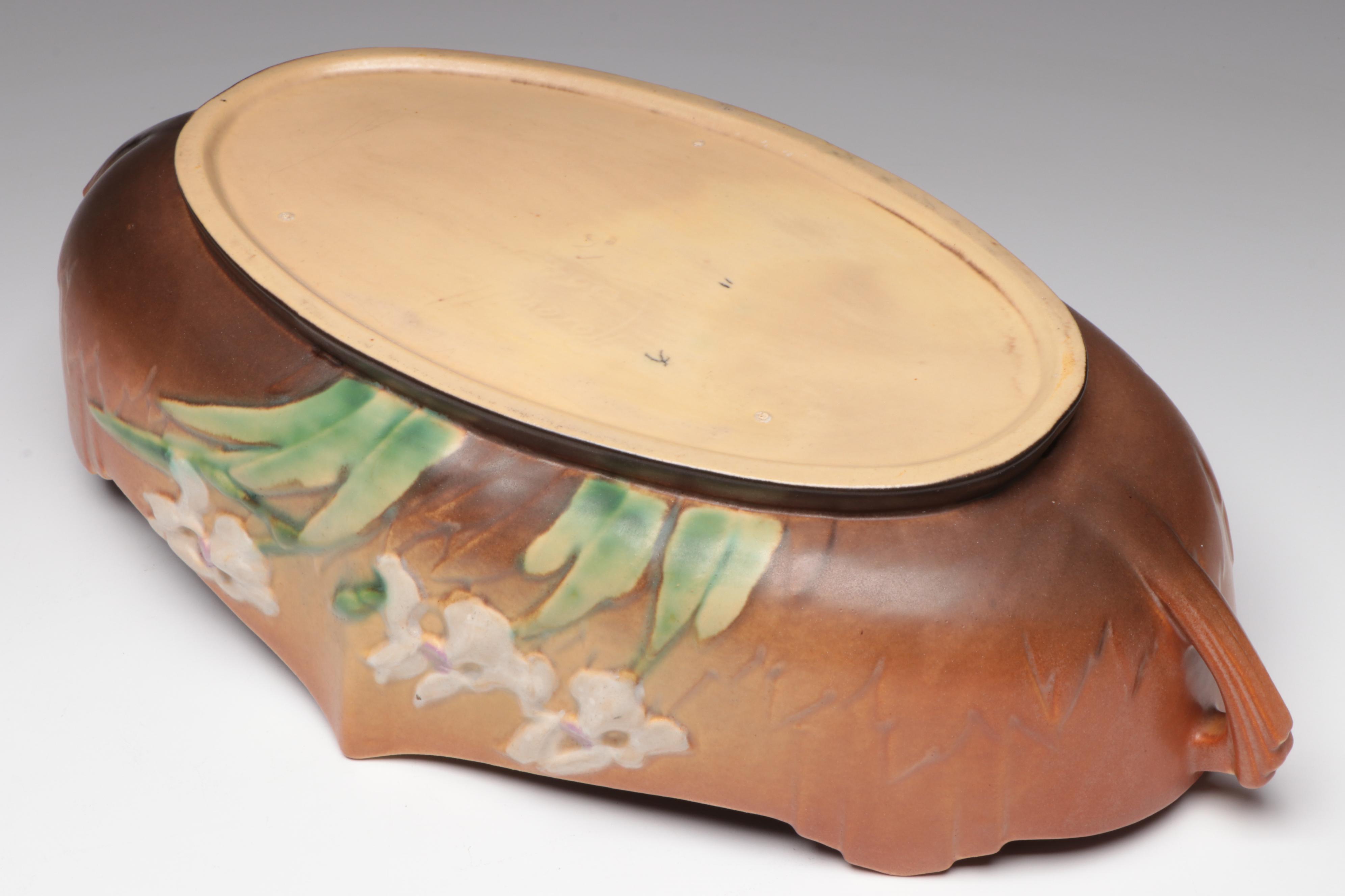 Roseville Pottery "Iris" Double Handle Centerpiece & Pressed Glass Accent Lamp