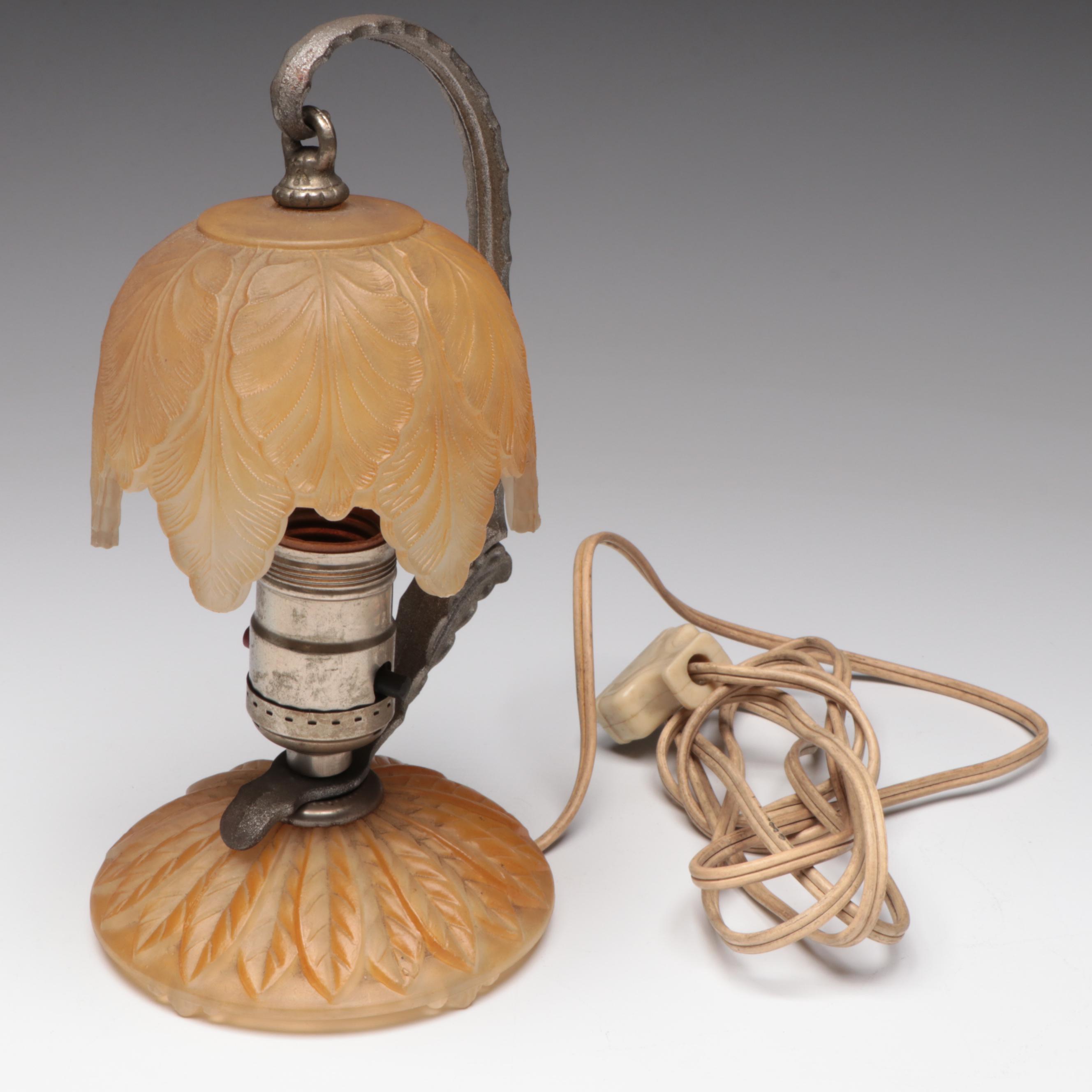 Roseville Pottery "Iris" Double Handle Centerpiece & Pressed Glass Accent Lamp