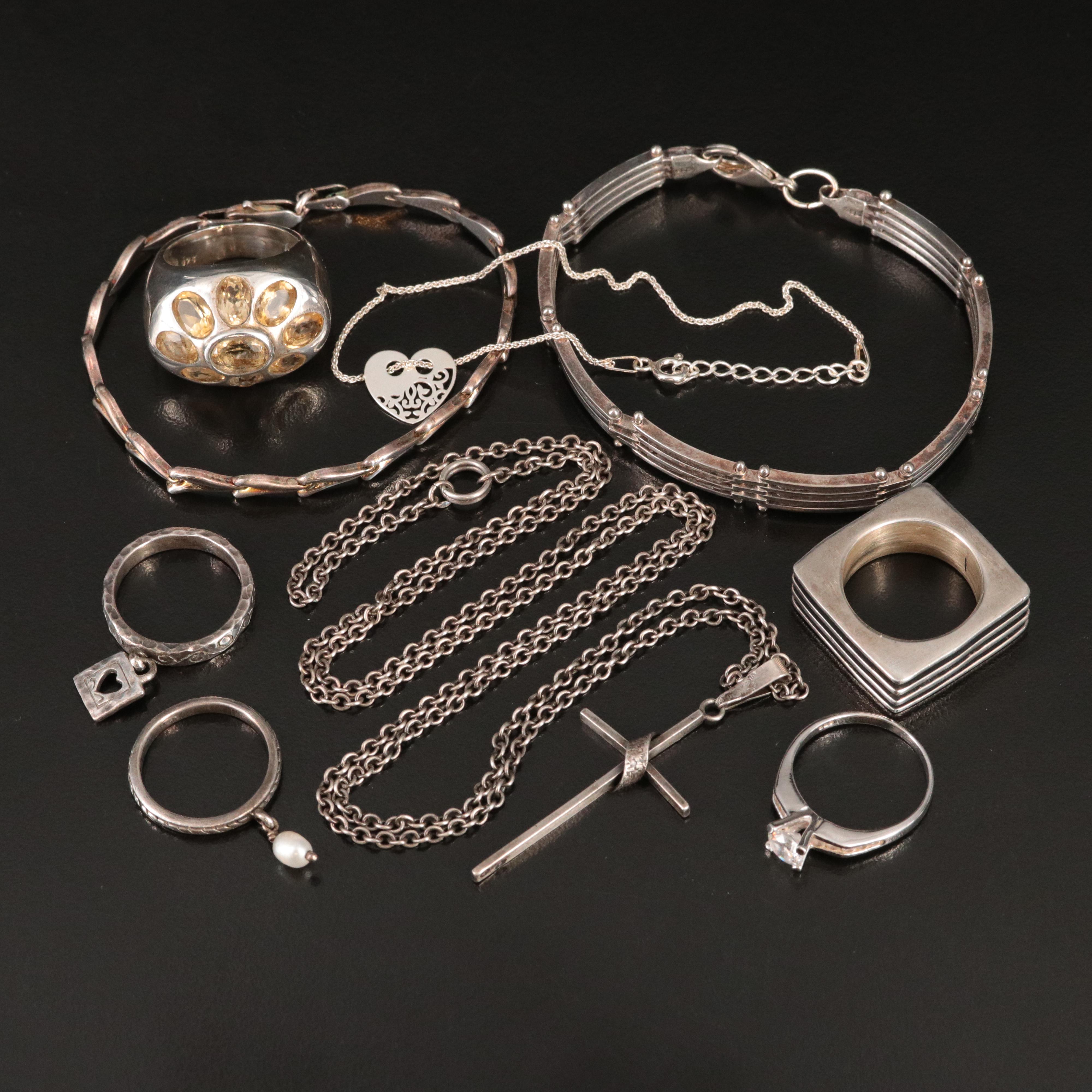 Sterling Rings, Bracelets and Cross Necklace Including Pearl, CZ and Citrine