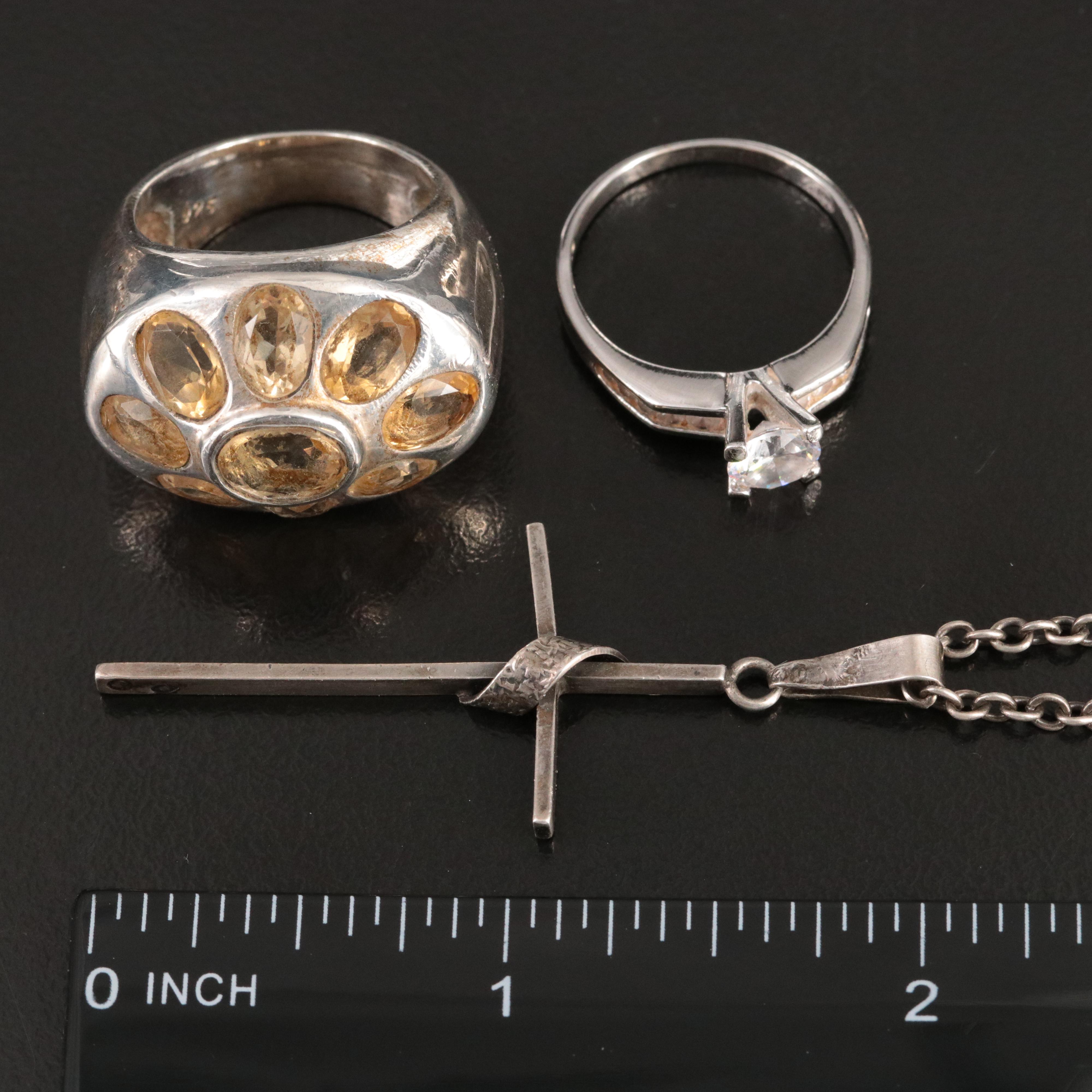 Sterling Rings, Bracelets and Cross Necklace Including Pearl, CZ and Citrine