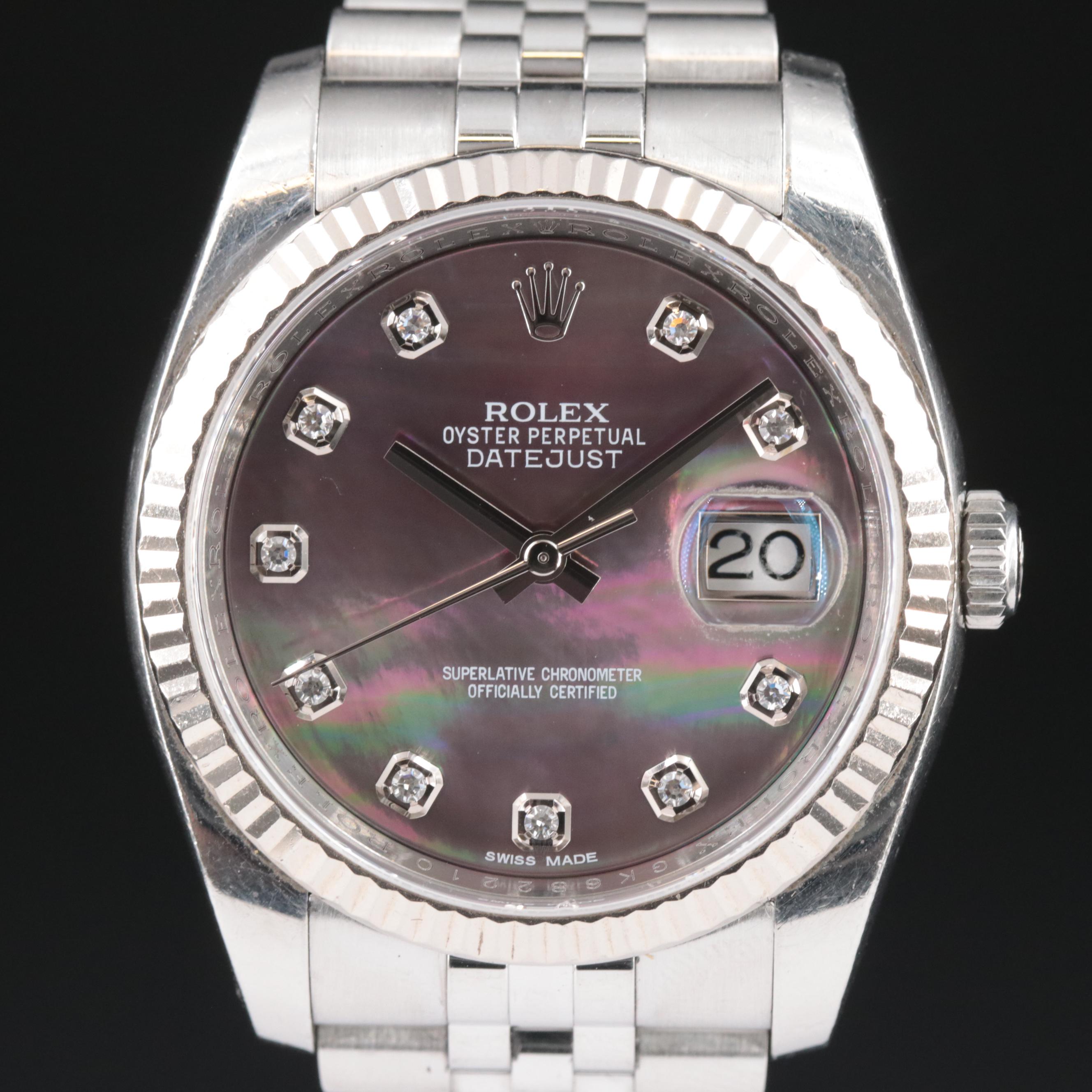 Rolex Black Mother-of-Pearl Factory Diamond Dial Datejust Watch
