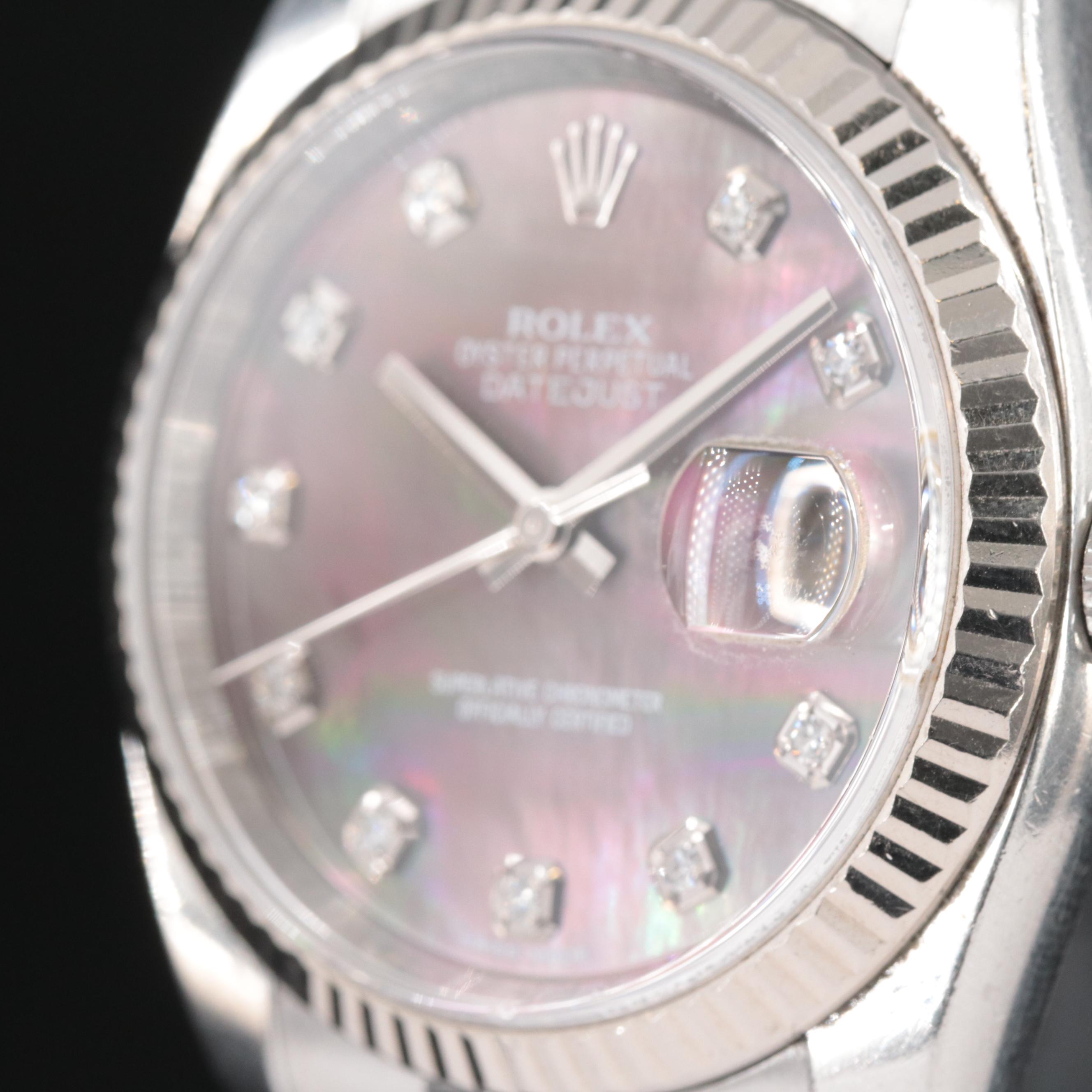 Rolex Black Mother-of-Pearl Factory Diamond Dial Datejust Watch