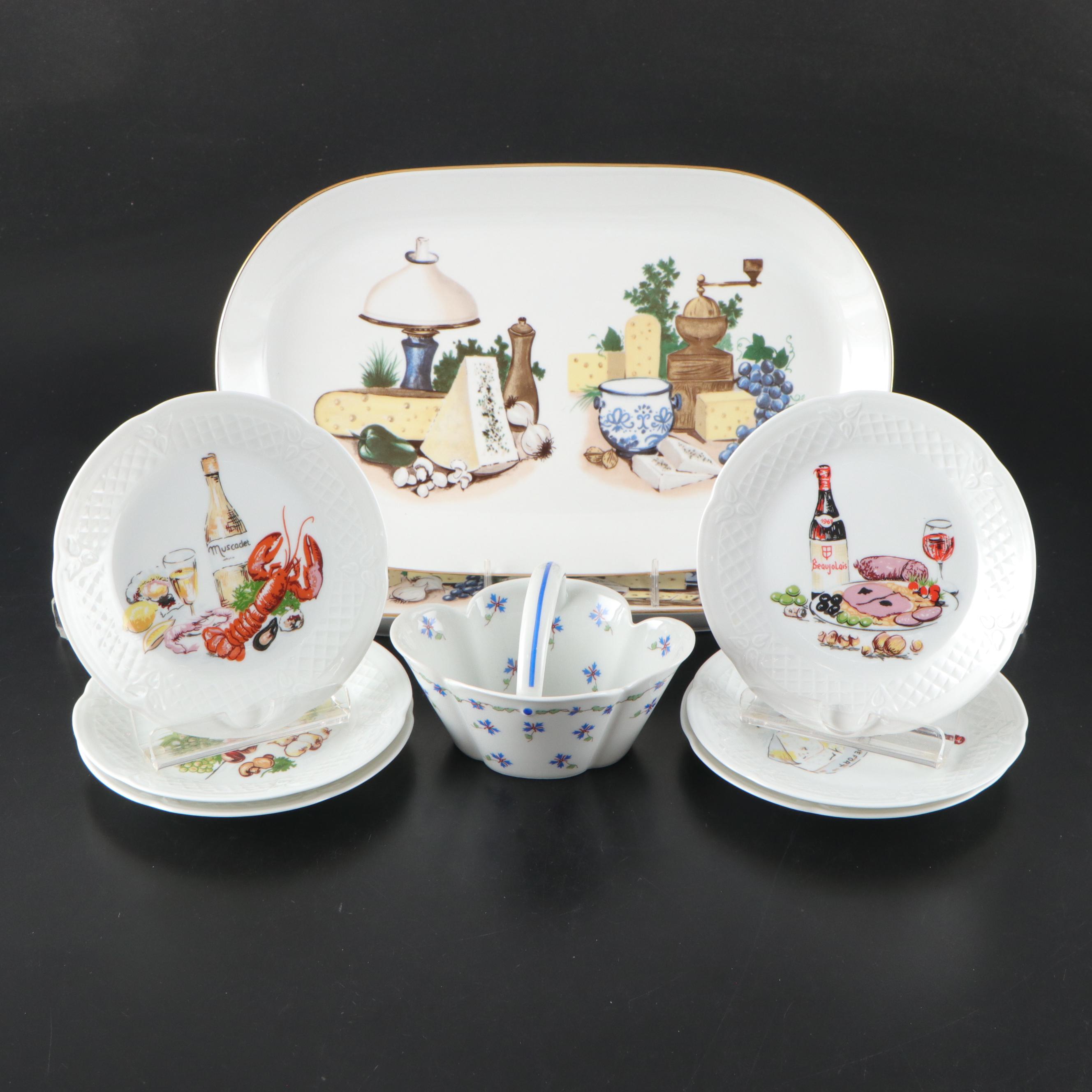Kahla Porcelain Platters with Limoges Plates and Basket