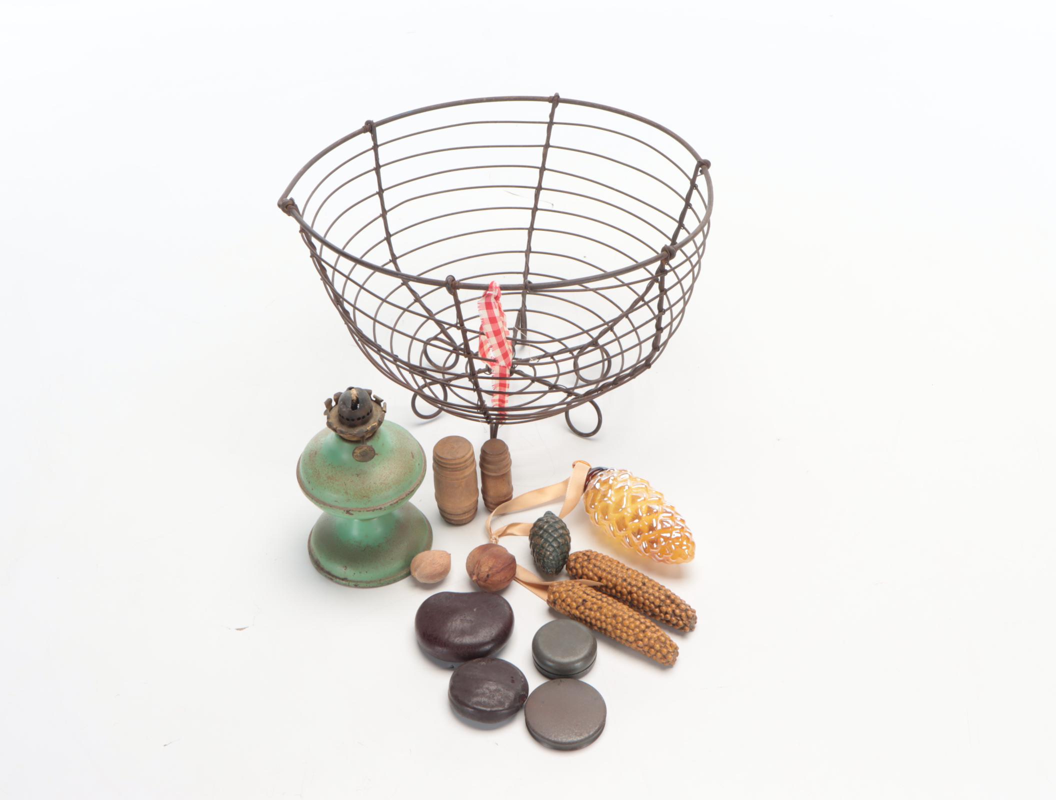 Primitive Washboard with Egg Crate, Wire Basket and Other Décor