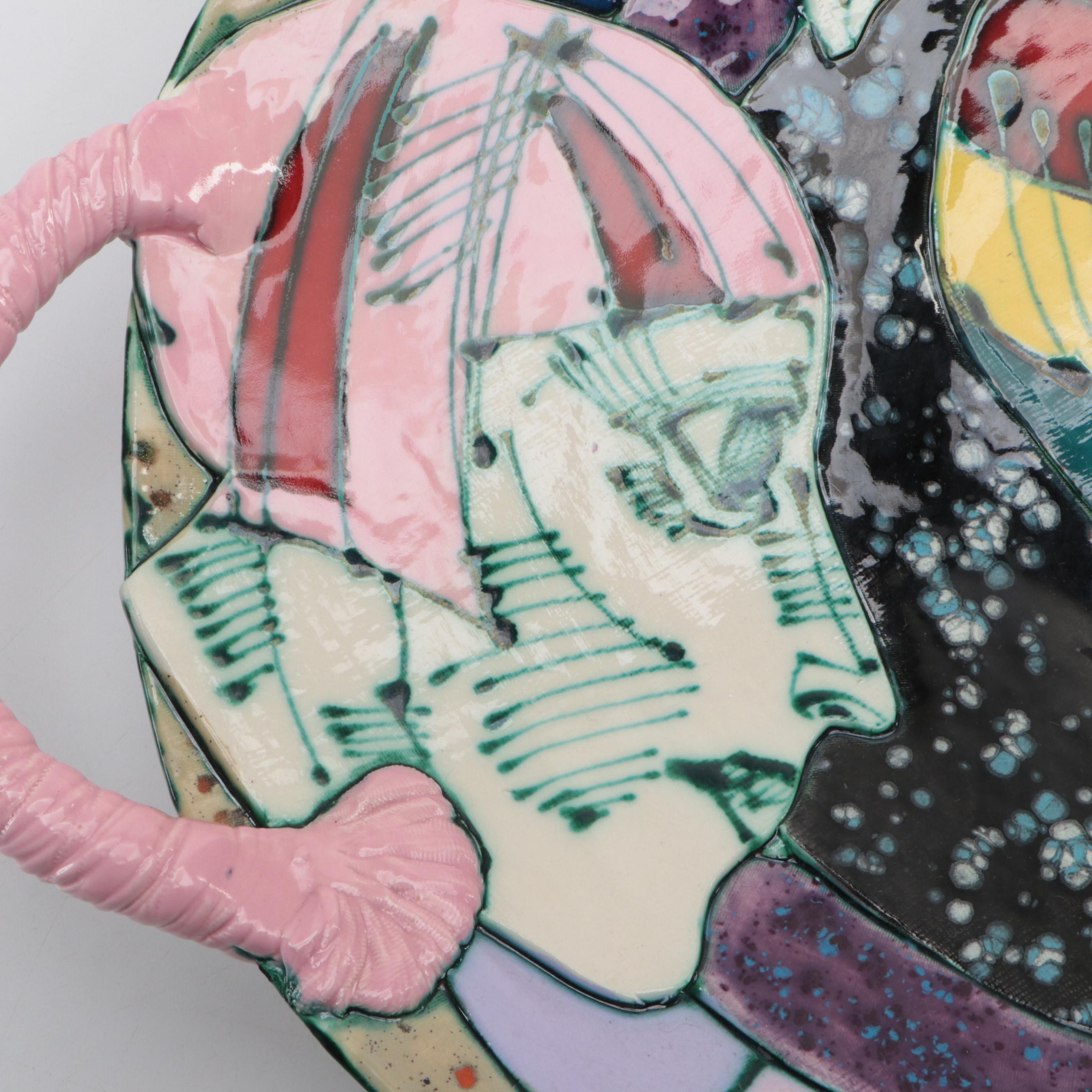 Juozas and Rasa Saldaitis Ceramic Handled Bowl with Faces and Parrot Motif