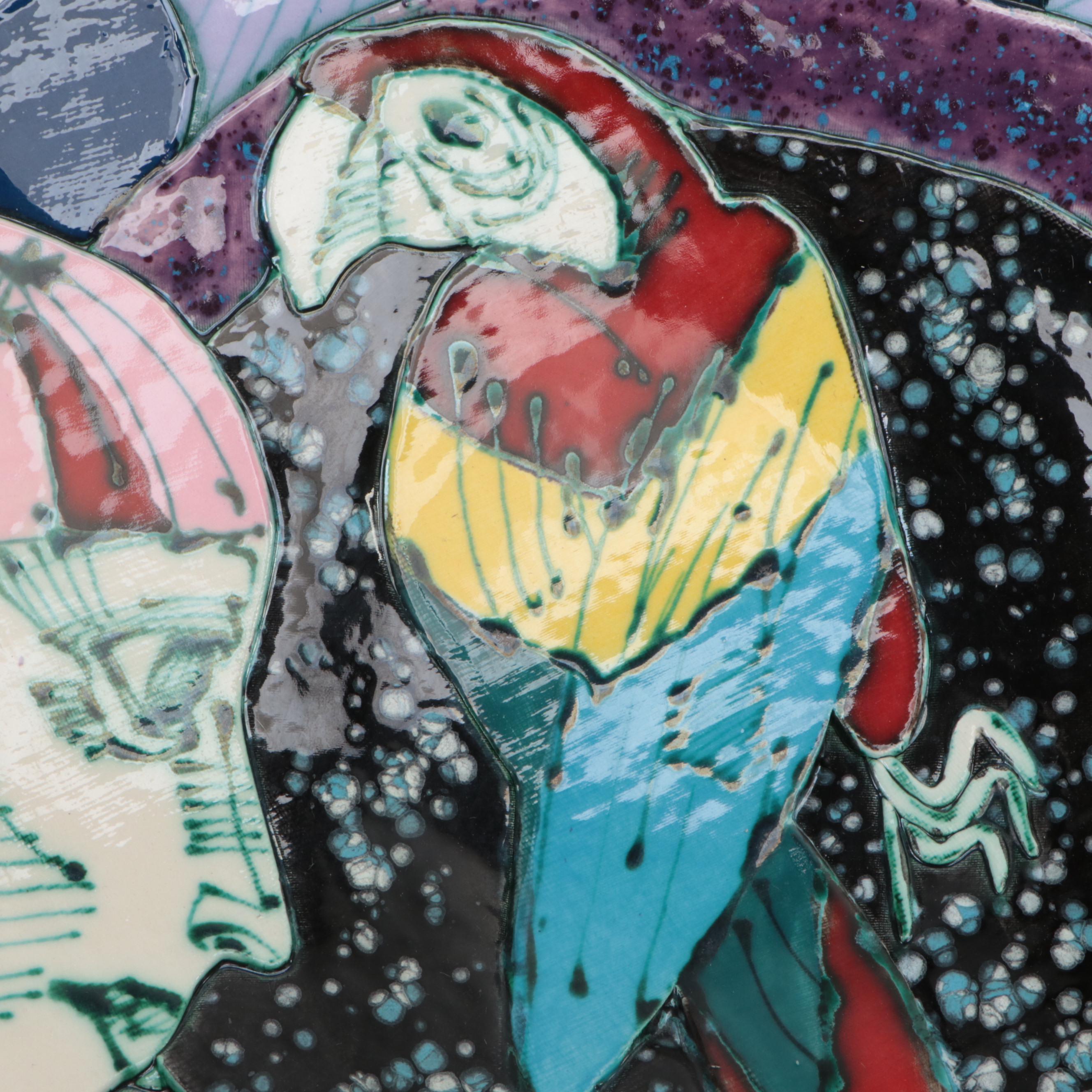 Juozas and Rasa Saldaitis Ceramic Handled Bowl with Faces and Parrot Motif